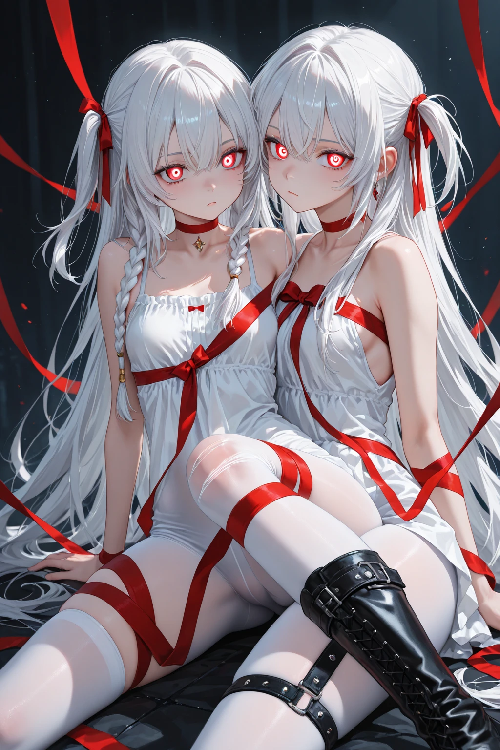 (highly detailed 8k wallpaper), best resolution, (2heads:1.5), 2heads, anime girl with two heads, white hair, red eye,(masterpiece, top quality, best quality, official art, beautiful and aesthetic:1.2), (1girl:1.3), (fractal art:1.3),absurd, masterpiece, best quality, realistic, hyper-detailed, (shiny skin, sweaty:1.4), looking at viewer, slender, solo, miniskirt, long hair, white hair, red eyes, (thick thighs:0.5), gap in between thighs, dynamic lighting, high resolution, sharp focus, depth of field, medium breasts, masterpiece, best quality, ultra-detailed, illustration, ultra-detailed face, best quality face, studio, white room backdrop, sexy pose, cute, kawaii, digital art, finely detailed eyes, blushing, red cheeks, realistic, glowing eyes, skirt,