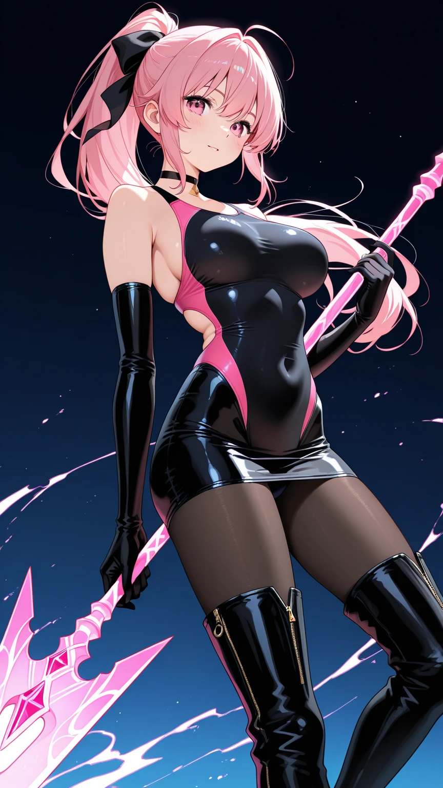 Young beautiful woman,(Highest quality,Extremely detailed depiction,Incredibly absurd high resolution,Anatomically accurate depiction,Two lovely hands, Five perfect fingers,Curvy Legs),(Glowing Skin,Shiny skin,Oilskin),(((Female Leader of an Evil Organization))),(Latex military costume,A shiny bondage dress with an intricate structure,military hat,military cloak,Villain mask covering the eyes,Thigh-high boots,Long gloves,Leather Choker,pantyhose),eyelash,eye shadow,(Glowing pink eyes,There is cleavage in the chest,A seductive smile,Large Breasts,Glossy Lips,Shadowed face,Waving a whip),Sweat,whole body,blush,background:Futuristic secret base,Pink light,(From below:1.1)