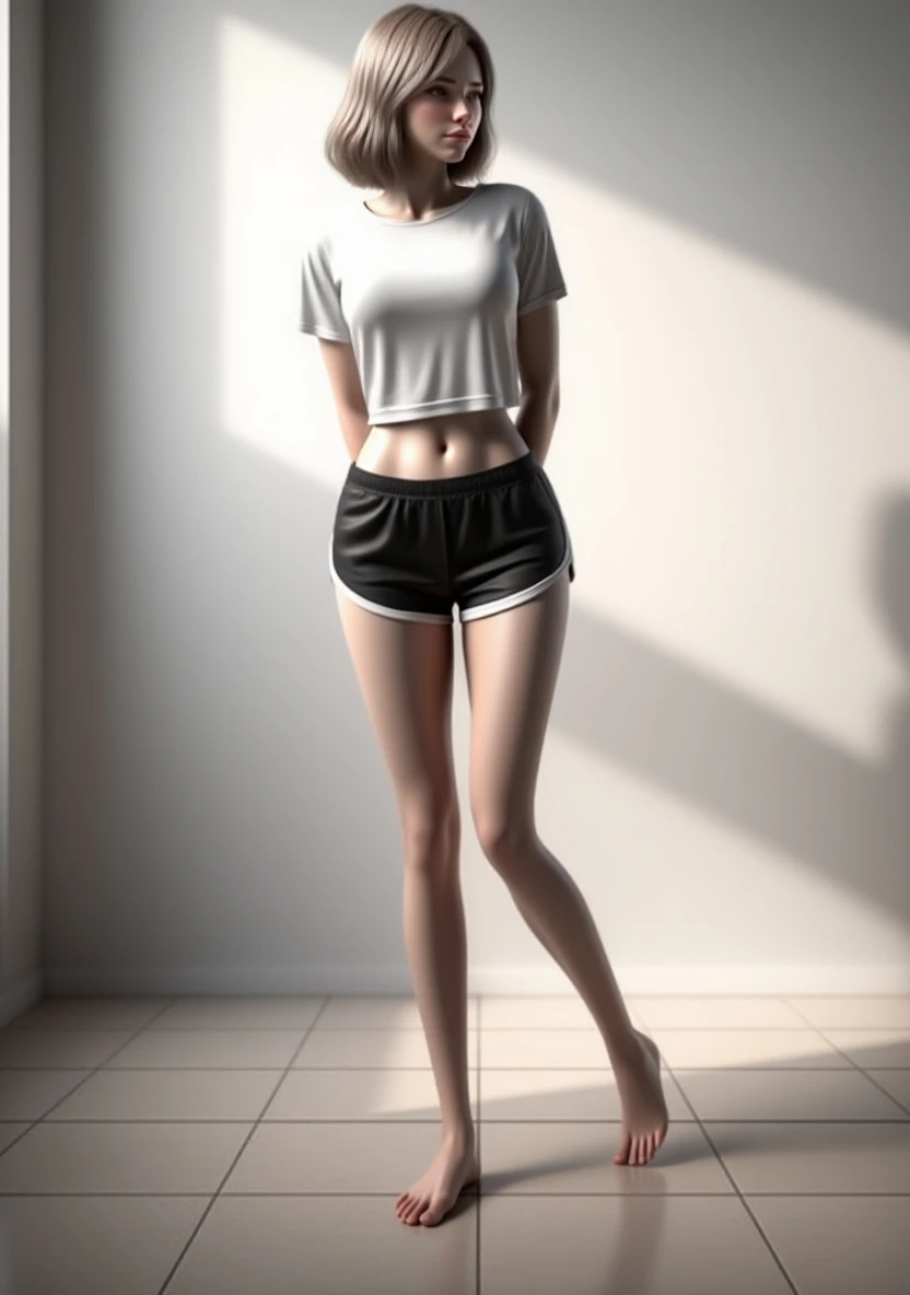 from behind, (full body shot:1.3),best quality, ultra high res, highly detailed, (realistic:1.4), 8k, digital illustration style, a beautiful slim slender woman, short blond (undercut haircut:1.3), wearing woll turtleneck, panties, red sneakers, vibrant and contrasting colors blending harmoniously, perfect lighting, perfect shading, 8k uhd