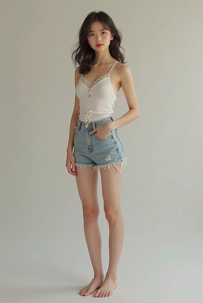 (8k, Realistic, RAW Photos, Highest quality: 1.4, detailed),A Japanese idol-like beautiful girl,model,1 person,18-year-old,(Short Bob),(Silver Hair :1.1),She has her hair tucked behind her ears,Large, clear gray eyes,Long eyelashes,(piercings(small)),(Lip gloss),lips(Plump,glossy),thin long neck,Thin and delicate shoulders,Frill lace camisole,Denim shorts,Sandals on bare feet,studio,Front view,Smiling at the camera,Full body portrait