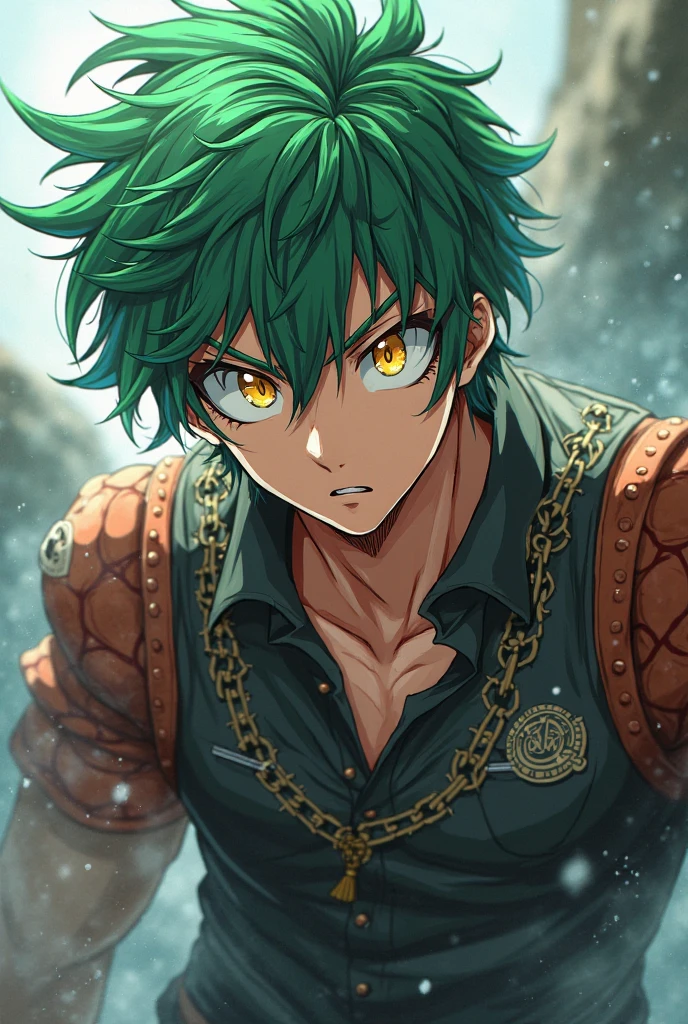 A 14-year-old fantasy role-playing character with turquoise hair and yellow eyes, wearing loose, wide pants and large leather boots. The character is dressed in adventurer's attire, suggesting a poor background. The character is holding a spear and has a scar under the left eye. The style should match the original image provided by the user. He is a boy. He has short hairs. He has the same facial expression as on the picture. La caméra est en plan large : on le voit entièrement.