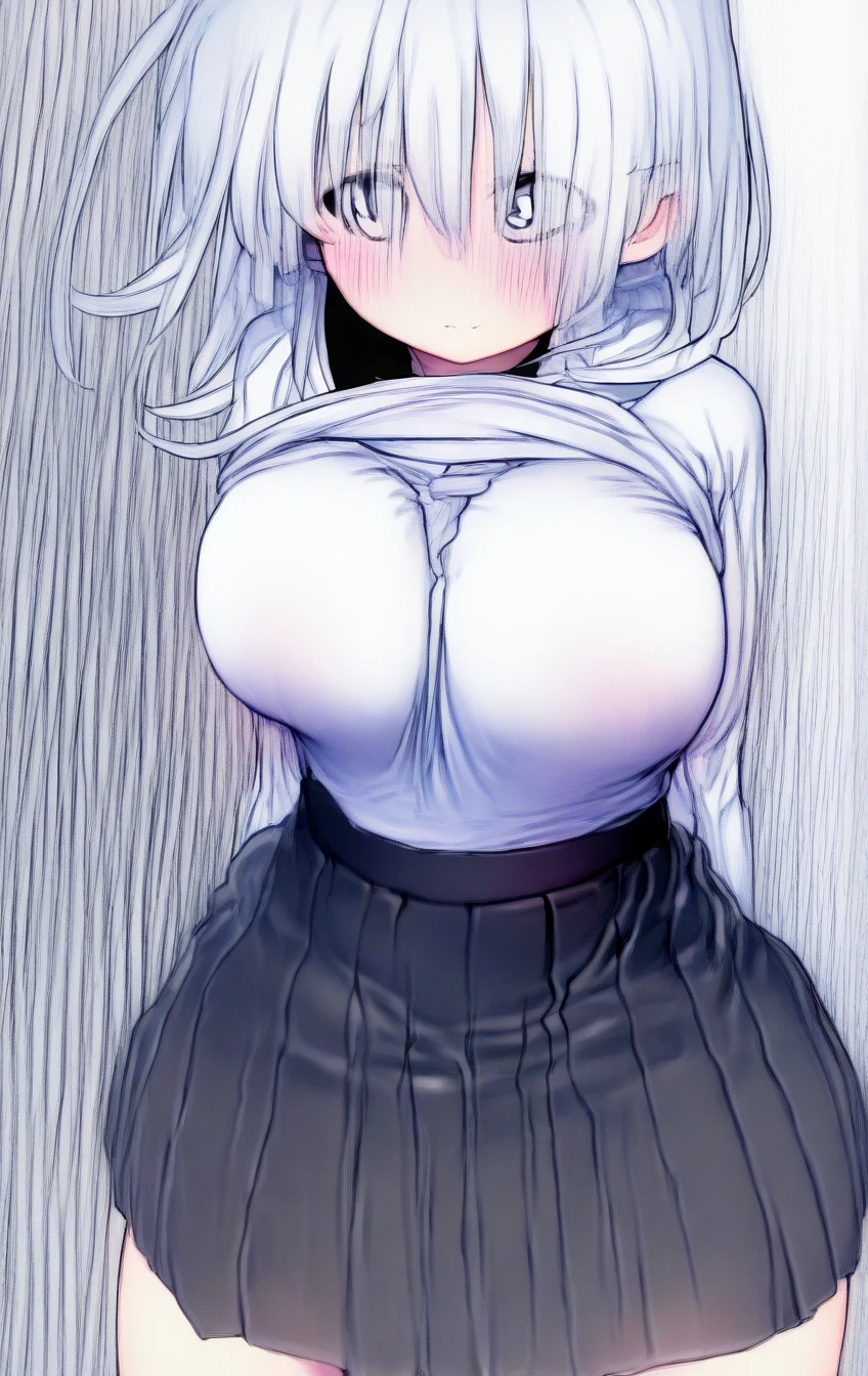 masterpiece, best quality, 1girl, tsundere, greyscale, cowboy_shot, novel_illustration, shirt_lift, lifted_by_self, pout, blush, long_hair, stealth, in public, public_indeceny, oppai_challenge, underboo, bra, hidden, fantasy, medieval, village, fantasy clothing,