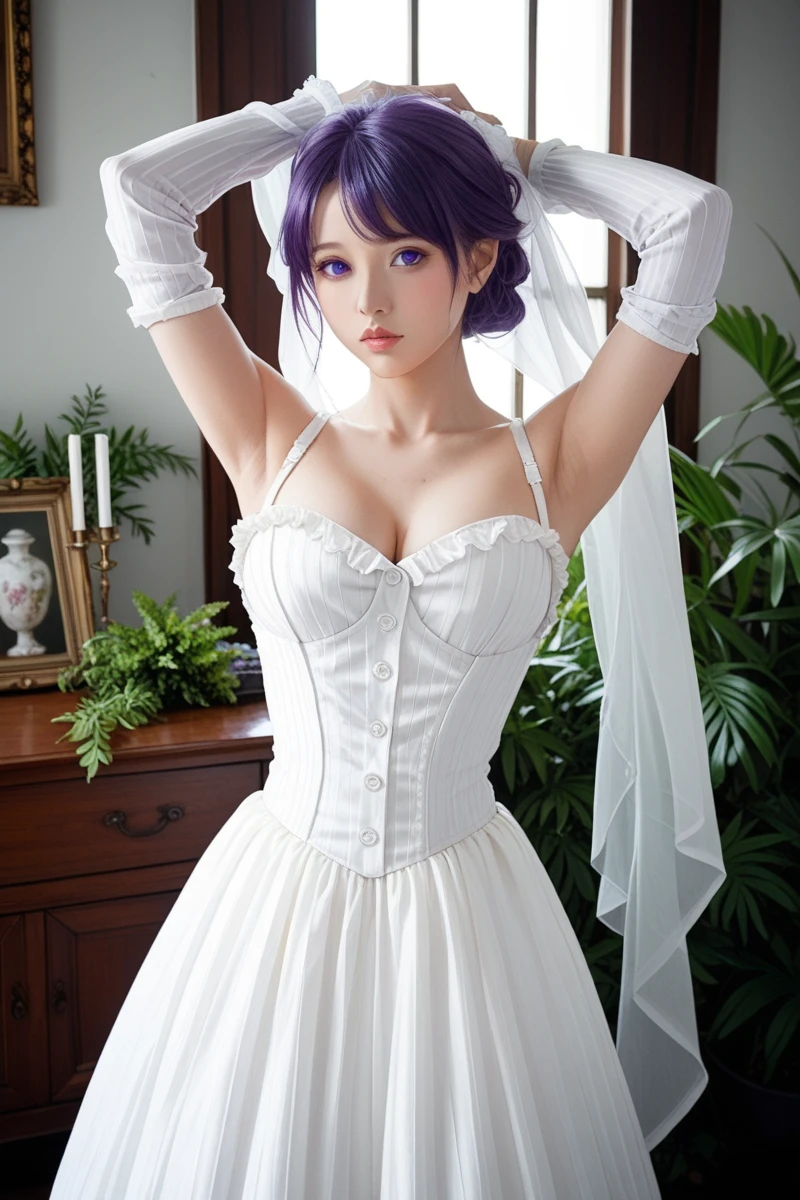Hot woman, purple hair, purple eyes, wedding dress, sex pose