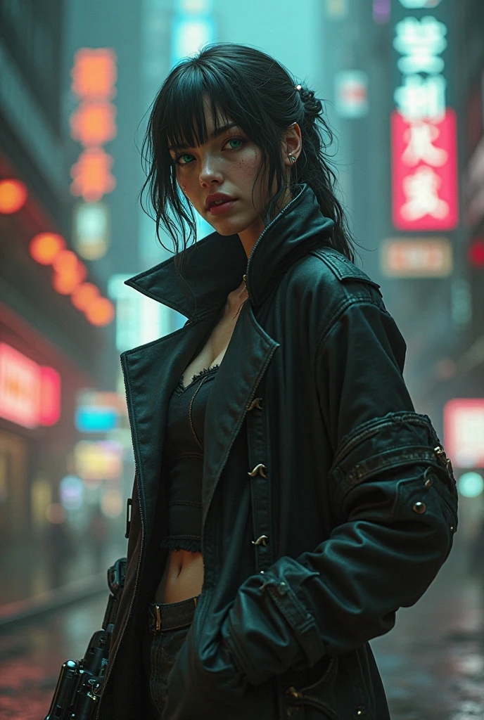 1 female, short hair,  with black leather jacket, 
Blade Runner Rain Shadow Dramatic Lighting Art，author：John Burkey
(best quality, masterpiece, )