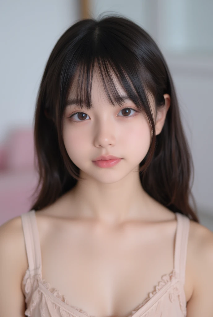 (masterpiece, highest quality:1.4), award-winning portraits, 8K, 85mm, alone, beautiful face, delicate girl, violaces, gardenia, grace, Sophisticated, cute, teen, looking at the viewer, 15 years old, Raw photo, disorganized, HDR, sharp focus, background bokeh、(((flat 、thin and delicate body、A childish atmosphere、basement)))、Her shiny semi-long hair is tied up、swaying hair、Mole on the left cheek、large, round, dark blue eyes、full body、random pose、Junior idol、Nogizaka Idol、mole under eye、sexy、naked
