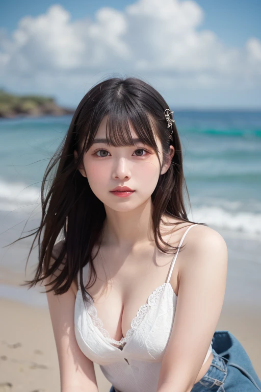 (Highest quality, 32k, High resolution, Masterpiece:1.5, ), marimo_jet, god々A photograph with brilliant dazzling and healing power., Evoking a sense of calm and elusive beauty, Expressing emotions, Have a rich imagination,Beautiful Japanese Girls, An exceptionally beautiful face, Small Face Beauty, Perfect Human Anatomy, ((Low angle, leaning forward and looking down:1.3)), Magical big eyes, Motherhood and generosity, Deep Love, fleeting smile, Shiny dark brown hair, Super Long Straight Silk Hair, Asymmetrical bangs, Hair between the eyes, Transparent, soft white skin, Sharp eyebrows, Thin lashes, ((Natural Makeup:1.2)), Cheek highlighter, Pale pink detailed lips, , ((black floral bikini:1.2)), High resolutionの完璧な鎖骨, High resolutionの美しい胸元, Slim figure with ample breasts, High resolutionの美しい太もも, ((Detailed blue sky background:1.3)), Dazzling Sun, Professional Lighting, Professional photographer, Professional models, god秘的