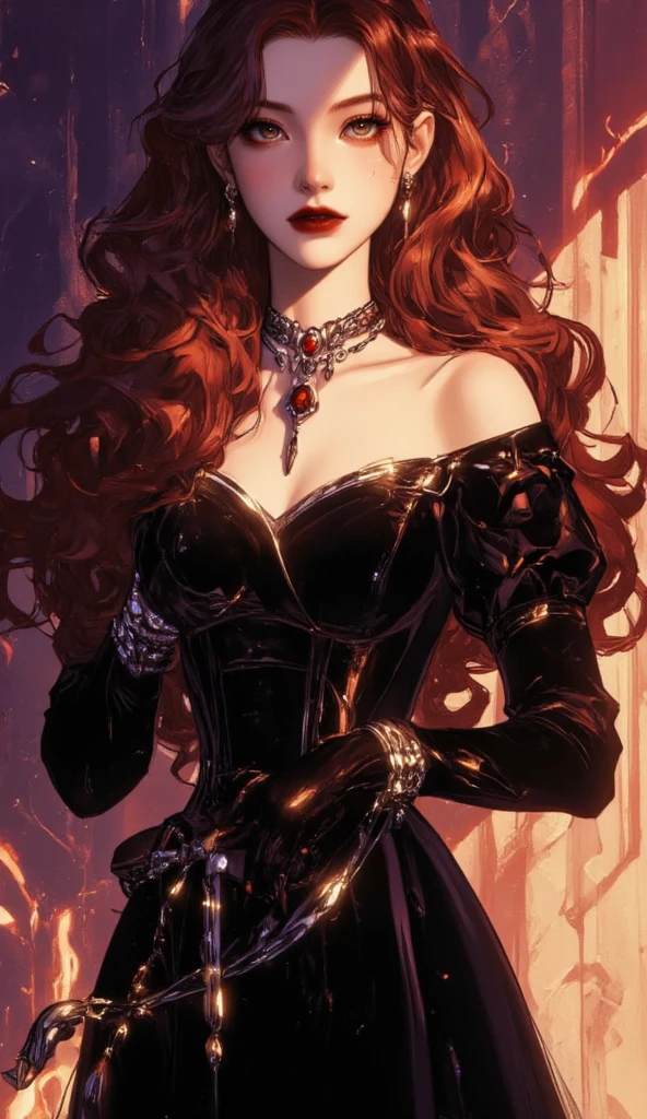 Vampire woman wearing black armor, pale white skin, red eyes, long curly orange hair, inside a dark and gloomy castle, throne room