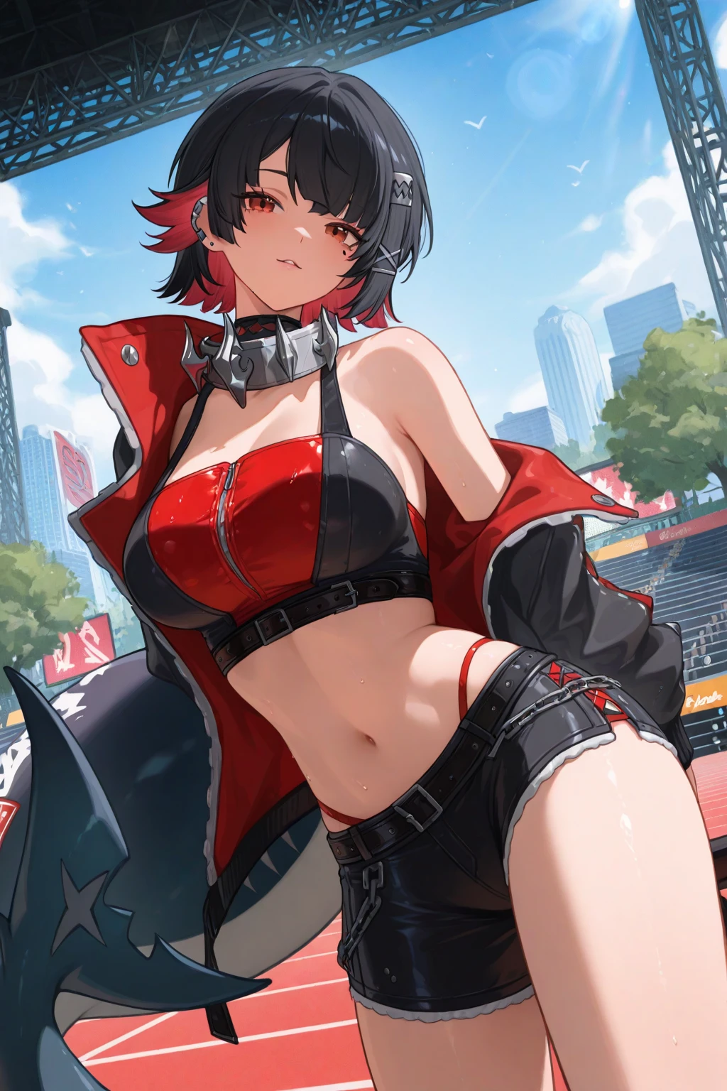 <lora:ulrich_von_hutten_v1.0:0.7>,ulrich_von_hutten_\(azur_lane\),short hair, black hair, yellow eyes, horns,navel, collarbone,cleavage,  cropped jacket, race_queen, bikini, highleg,fingerless_gloves, outdoors, cowboy shot, hand on hip,, masterpiece, best quality, high contrast,