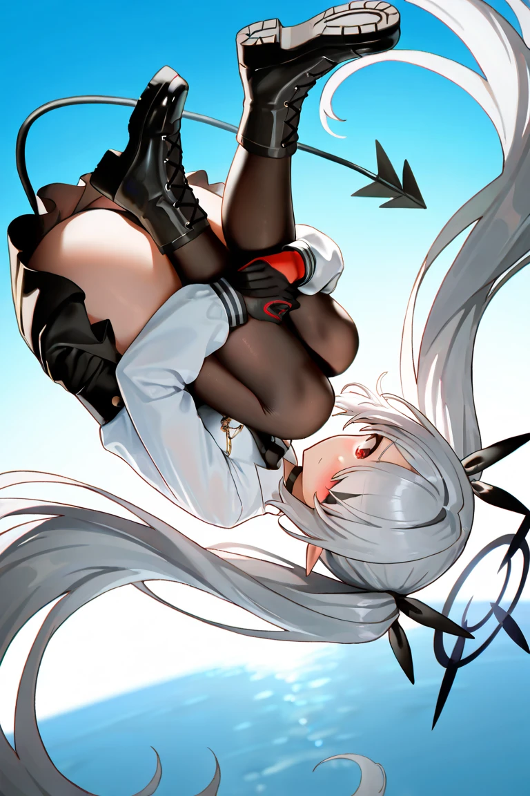kantai_collection hayanami_(kancolle) 1girl ahoge alternate_costume clothes_pull grey_hair grey_thighhighs hair_ribbon no_panties one-hour_drawing_challenge ponytail ribbed_sweater ribbon short_hair sidelocks simple_background solo sweater sweater_pull thighhighs twitter_username white_background white_ribbon yellow_eyes, perfect hands, fine fingers, erotically cute, masterpiece, beautiful skin x4, dynamic lighting, shadow blurringx2, masterpiece, best quality, highres, absurdres, ass focus, from behind, from below, fisheye, panties, pantyshot, up-skirt, view from below, looking from the feet, from bottom to top full_body, perfect_anatomy, hands_perfect, beautiful_skin_x4, dynamic_lighting, shadow_blurringx4, perfect_hands, fine_fingers, erotically_cute, masterpiece, spread_legs, knees_apart_feet_together, paw_pose, ((Composition seen up close))、Top image quality、Top resolution、​masterpiece high resolution, erotic cute, cute and erotic appearance, best quality, highres, absurdres,