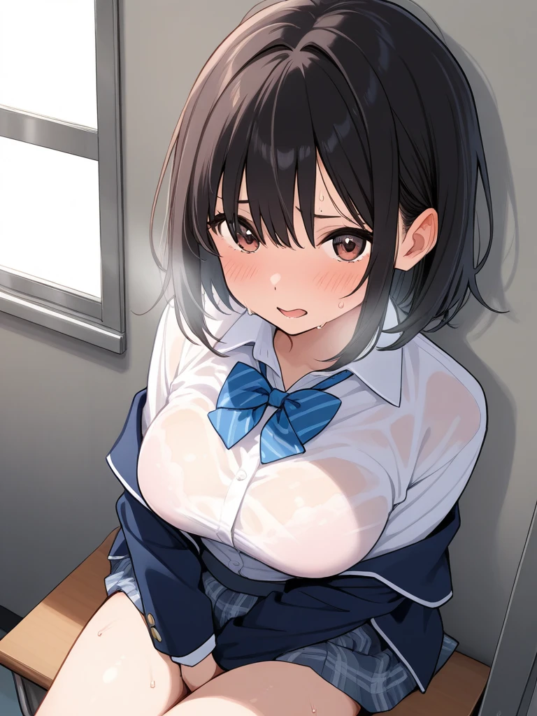 NSFW,,flashing,show pussy,teeth,(8k, Raw photo, Best quality, ​masterpiece: 1.2), ​masterpiece, super detailing,Best Lighting, (Realistic and realistic photos: 1.4), high-definition RAW color photography:1.3, highly detail mouth,1 girl, (HighSchool uniform,pleated checkered skirt),(skirtlift:1.3),background blur, blush:1.6, depth of fields, hair between eye,Short hair,shiny hair,,(oiled skin:1.5,shiny skin),((full body)), puffy areolae,,((scared expression,constricted pupils:1.3,tears)),black hair,at City alley,(at Night:1.3,shirtlift:1.3),nipples out,(crying:1.5 tears:1.5),midriff baring,Peace sign,shutted mouth