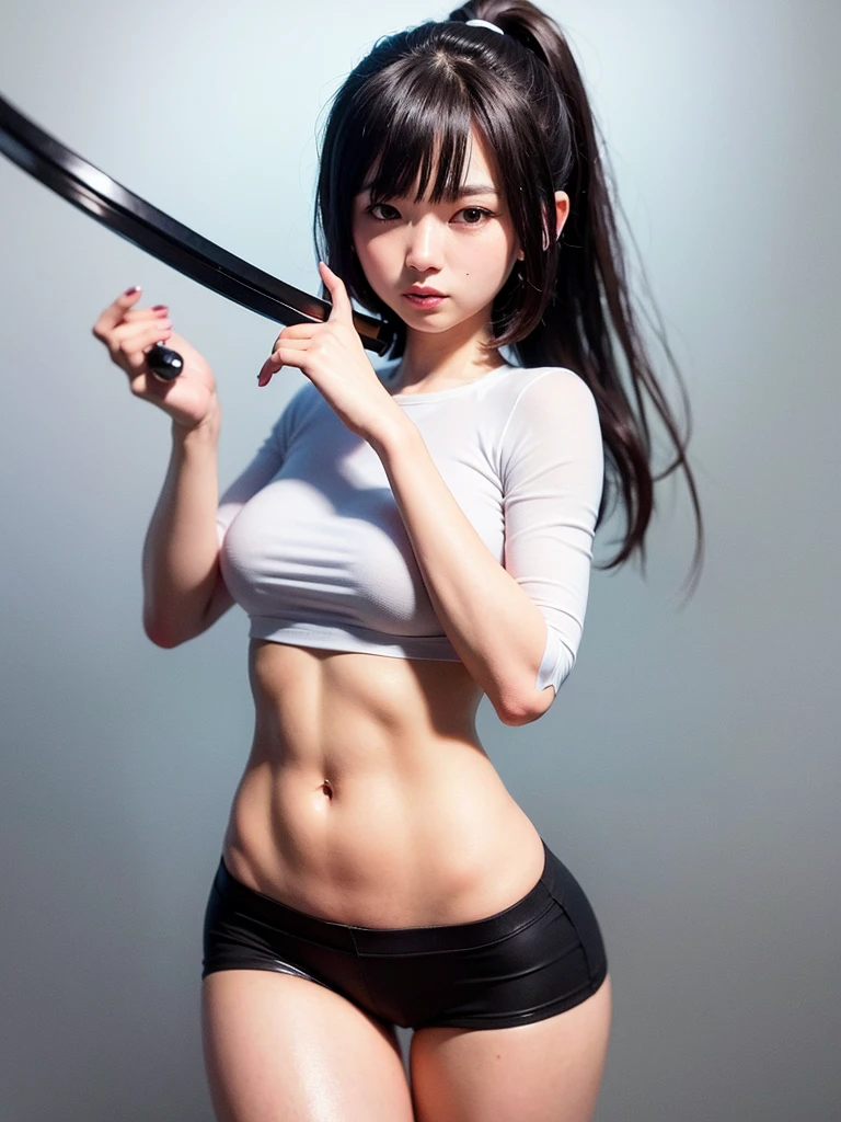 (nsfw),(masterpiece, top quality, best quality, official art, beautiful and aesthetic),  extreme detailed,colorful,highest detailed,(1girl,solo),18 year old beauty、Japanese、woman swordsman、black hair,long hair,blunt bangs,black eyes,teareul:1.3,(skinny,slender body,small breasts,sweat:1.4),(torn clothes:1.3,School uniform、sailor suit、pleated mini skirt),kneeling、holding a Japanese sword、Precisely drawn Japanese sword、