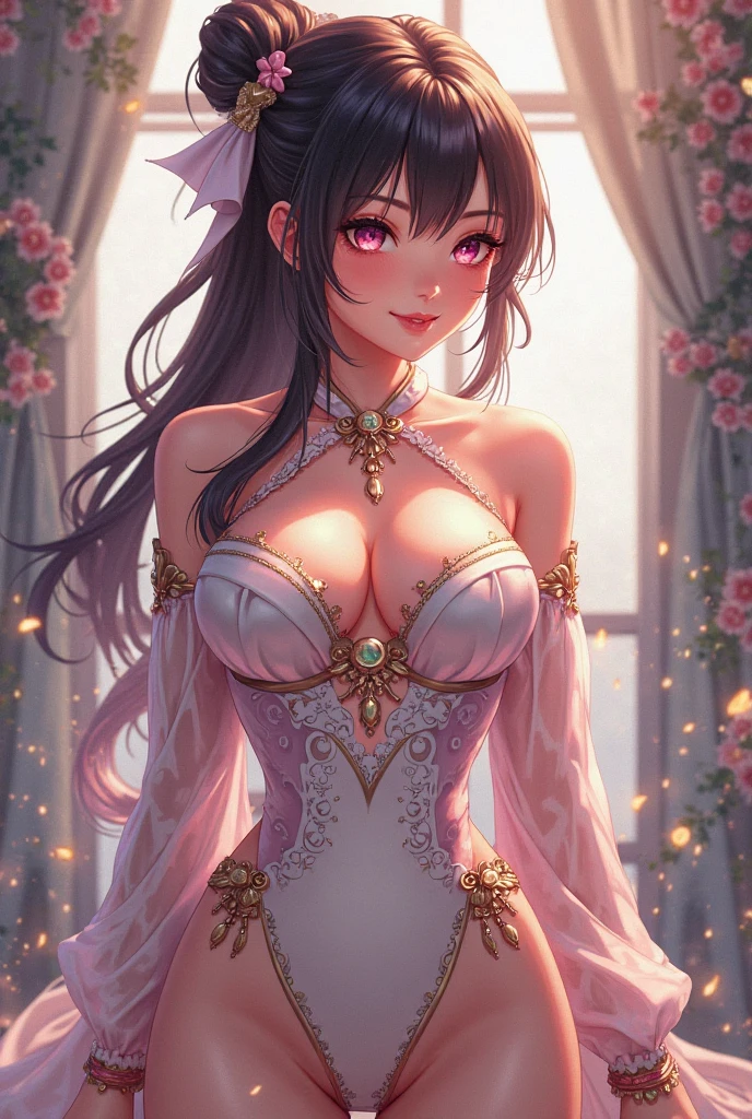 Mature Woman, Looking at the audience, Attractive breasts,Sensual curves、bubble、Full Body Shot,Nightgown, Charming smile, Thick lips, Plump Lip, blush, Looking at the audience, Provocative expression, Beautiful Hairstyles, Cleavage, plump、Curvy Hips、Attractive face、Mischievous face、Sexy Lingerie、An inviting gaze、Expressing emotions、colored feather, Money Decoration, particle, Light, (masterpiece, highest quality, highest quality, Official Art, beautifully、aesthetic:1.2), (1 girl:1.3), Very detailed,(Fractal Art:1.1),(colorful:1.1)(Flowers:1.3),Most detailed, (Dynamic pose), (Shiny skin), (Many colors :1.4), ,(Earrings:1.4), (feather:1.4),masterpiece,Mr.々Hair style，Money Headband，Tulle covers the chest，Perfect balance, Detailed details of the garment,marble，cinematicLighting, Film Grain, contrast of Light and dark,High detail,(((Gorgeous Accessories))))、Openwork decoration，(((See-through dress)))、(((Anatomically correct body))) ,1 girl, (High resolution), (8k), (Very detailed), Perfect Face, Beautiful eyes and face, (((highest quality))), (Very detailed), Detailed face and eyes, Beautiful Eyes,(((Sexy pose))),Beautiful Eyes、Transparent double eyelids、(((Super gorgeous background)))、Bright Eyes,Money,diamond,gem,Body Chain,Luxury Accessories,beautifully、aesthetic,flower、(((Super gorgeous background)))、Bright Eyes