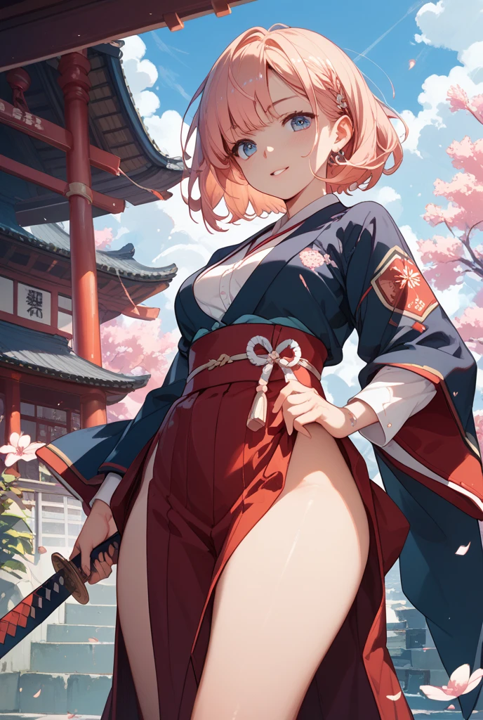 1girl in, Solo, face to the viewer, Looking at Viewer, Upper body, Neru Mikamo, Halo, Short hair, Single braid, printed jacket, bunny, Rabbit ears, Red Leotard, Detached collar, Red bow, high-heels,from behind,Toned buttocks,Woman with hands in pockets