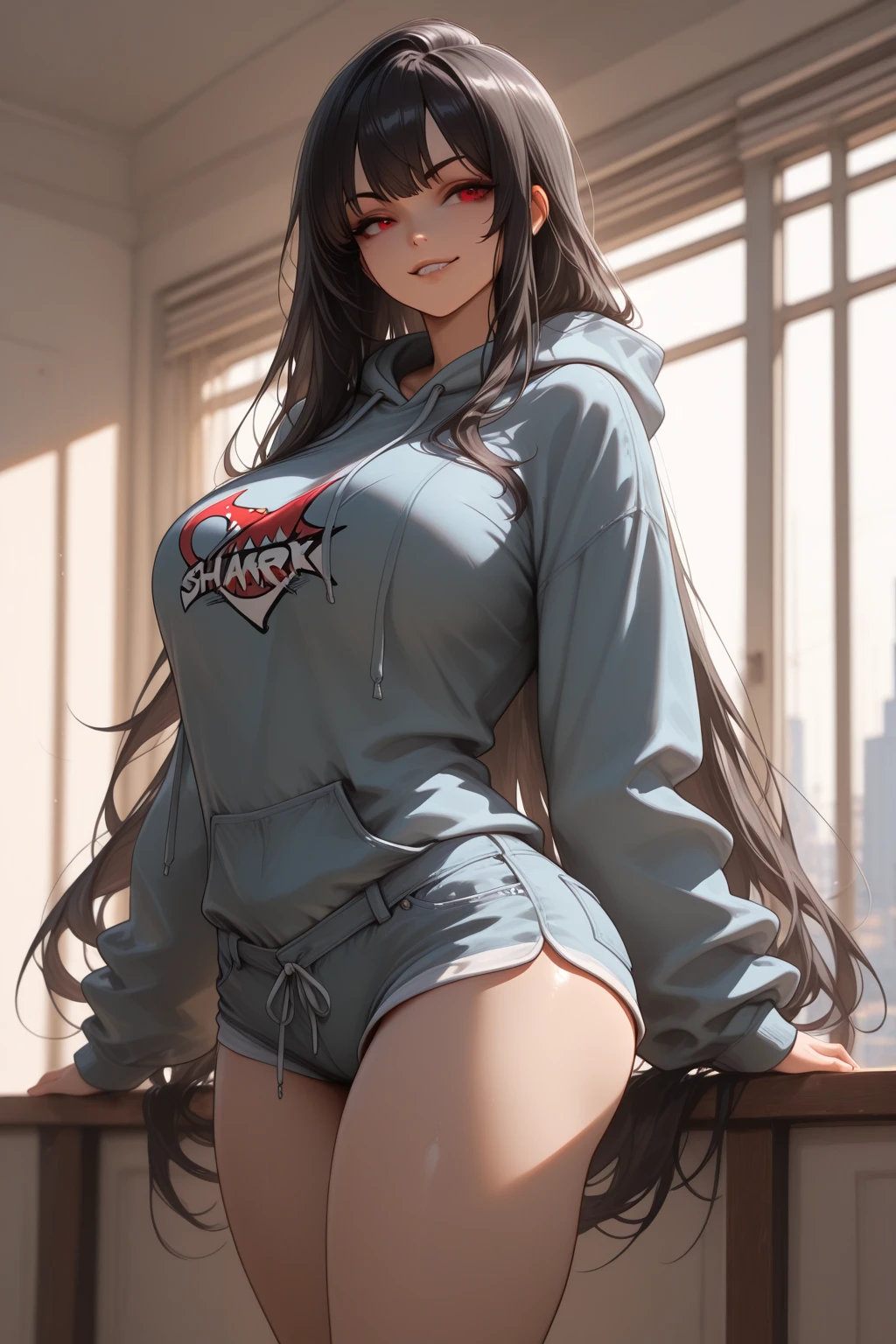 (Hasumi from Blue Archive:1.4), 8k, highres, ultra detailed, (masterpiece:1.4), best quality, symmetrical body, (Black cropped cotton hoodie:1.4), (black leather leggins:1.4), cute, solo, long hair, black hair, red eyes, black wings, glow effect, finely eye, wide smile, detailed face, looking at viewer, smilling at viewer, park, angled view, huge breasts