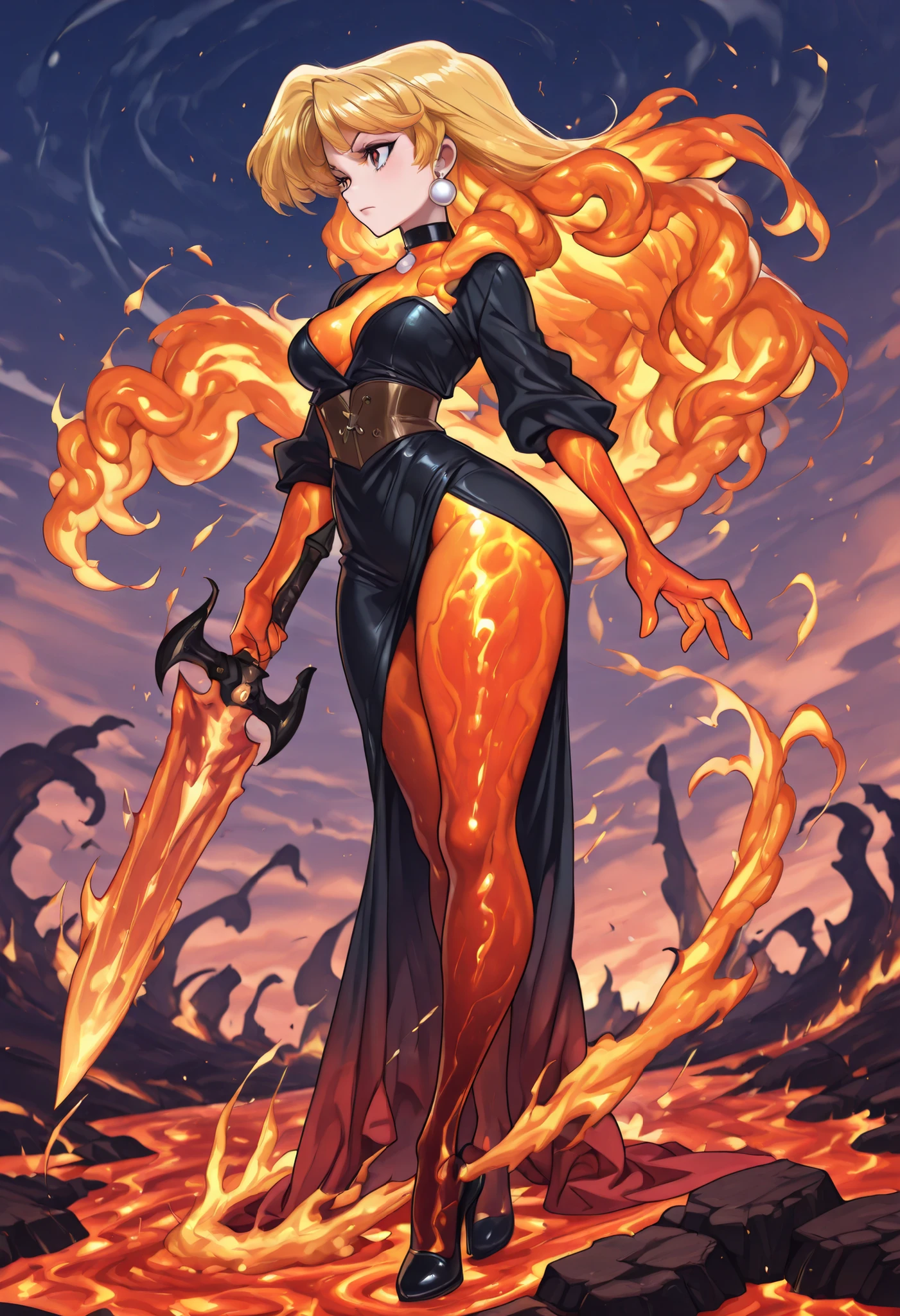 Lori Loud. , huge , blonde hair, black eyes, blue eyeshadow, pearl earrings, white earrings. choker.| safe_pos, core_9, score_8_up, score_8, semi realistic, ultra detailed, 8k, high quality, hi res, high quality, detailed eyes, perfecteyes, detailed face, 1girl, sharp focus, cowboy-shot, focus on hip, (1girl:1.2), fire elemental, fiery form, (((flaming sword))), (((long legs, glowing ember skin, long flowing lava hair))), realistic, cinematic angle, cinematic lighting, ethereal body, intense face, burning orange eyes, dynamic pose BREAK rising from a volcanic crater at sunset BREAK source_fantasy_art, rating_explicit, expressive, full body, (((side view))), ((dynamic pose)) BREAK detailed beautiful background, molten lava, billowing smoke, glowing embers, rugged volcanic rocks, dramatic sunset, fiery atmosphere (((full clothed)))