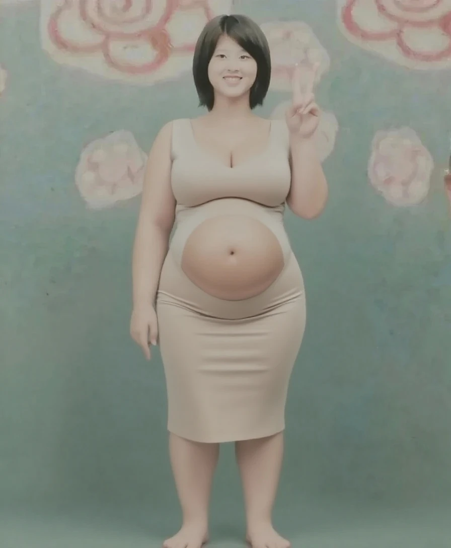 Are fat、tall、woman、whole body、Are standing