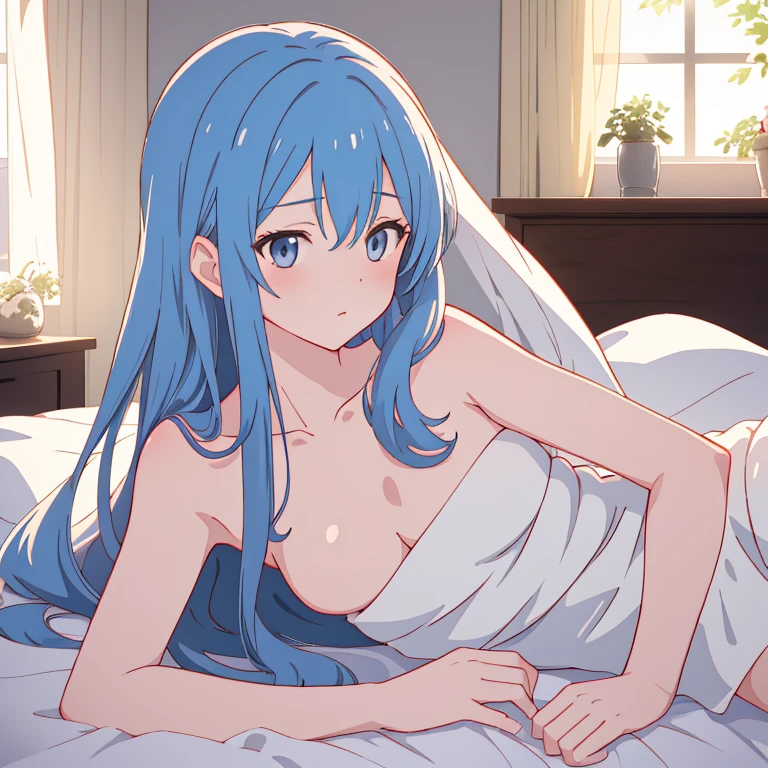Highres, Masterpiece, Best quality at best,Best Quality,hight quality, hight detailed, Anime style, 1girl, girl, Nejire hadou, Blue eyes, Blue hair, Long hair, (Shirtless, Topless, bare chest), Choker, sweat, Ponytail, Seen from the side, Lying on the bed, Hand forward, Body, Slim body, BREAK indoors, BREAK (masterpiece:1.2), best quality, high resolution, unity 8k wallpaper, (illustration:0.8), extremely detailed , perfect lighting, extremely detailed CG, (perfect anatomy),