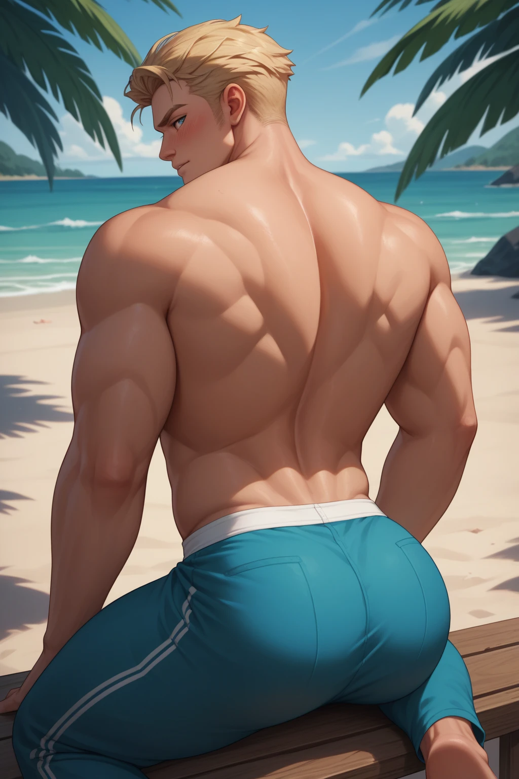 masterpiece, 3d, Roronoa Zoro, muscled, chilling at the beach, no shirt, pregnant, pig pregnant, belly, hands on back of head, only wearing underwear