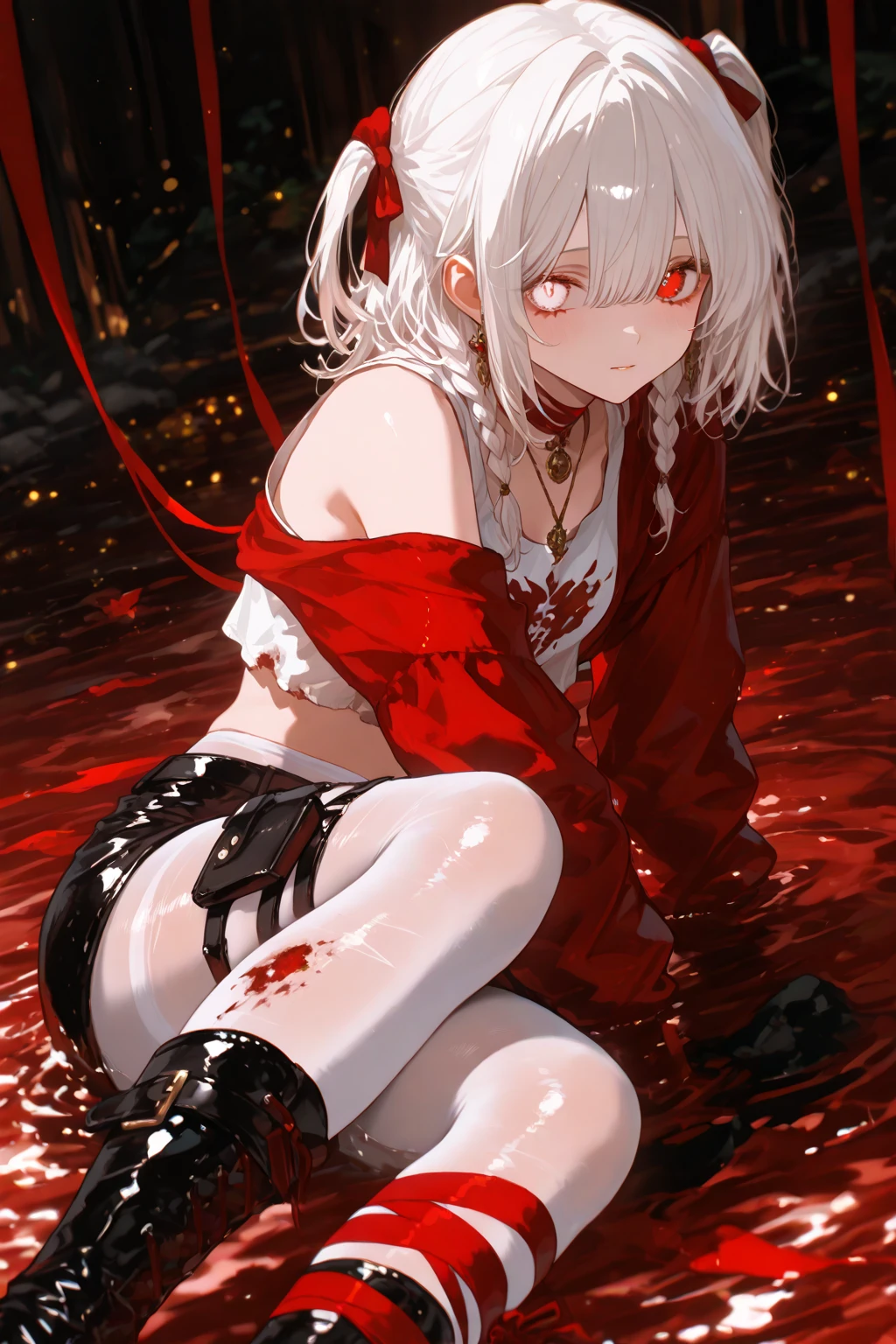 A rotten and sad woman sitting in a sea of blood and dead