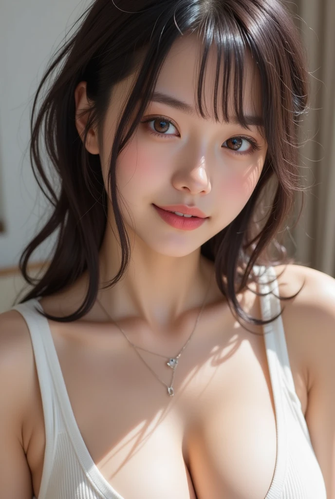 table top, highest quality, figure, Super detailed, finely, High resolution, 8k wallpaper, 完璧なダイナミックな構figure, detailed and beautiful eyes, ladies fashion summer,ponytail hair,small breasts natural color lip, bold sexy pose,smile,20 year old girl、cute、sexy shot looking at camera,wake up,Near-realistic quality,blonde,Eyes to the left,A bit of sharp beauty,don't wear clothes,whole,topless nude