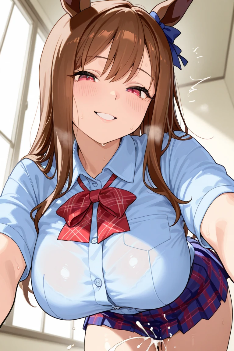 1 Female,High definition,high resolution,Ultra-realistic,8K,aamazaki, (antenna hair:1.2), blue bowtie,blue eyes, pink jacket, blazer, long sleeves, blue skirt, tight skirt, miniskirt,European,sexy,Upper body close-up,Photographed from the front,Dynamic Angles,private teacher,blush, (huge tits),nipples ,show tits ,((nipples)),(black lace panties),(top view),(selfie)