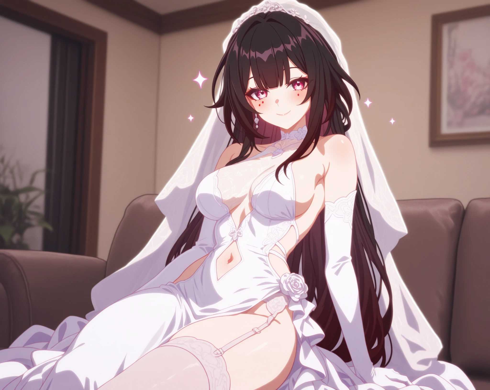 score_9, score_8_up, score_7_up, source_anime, 
kurumitokisaki, kurumi tokisaki, long hair, black hair, red eyes, hair over one eye, smile,
white dress, lift dress, white veil, white briefs,
indoors, on the bed, blush, 
looking at viewer, side lying, 
white sling stockings,