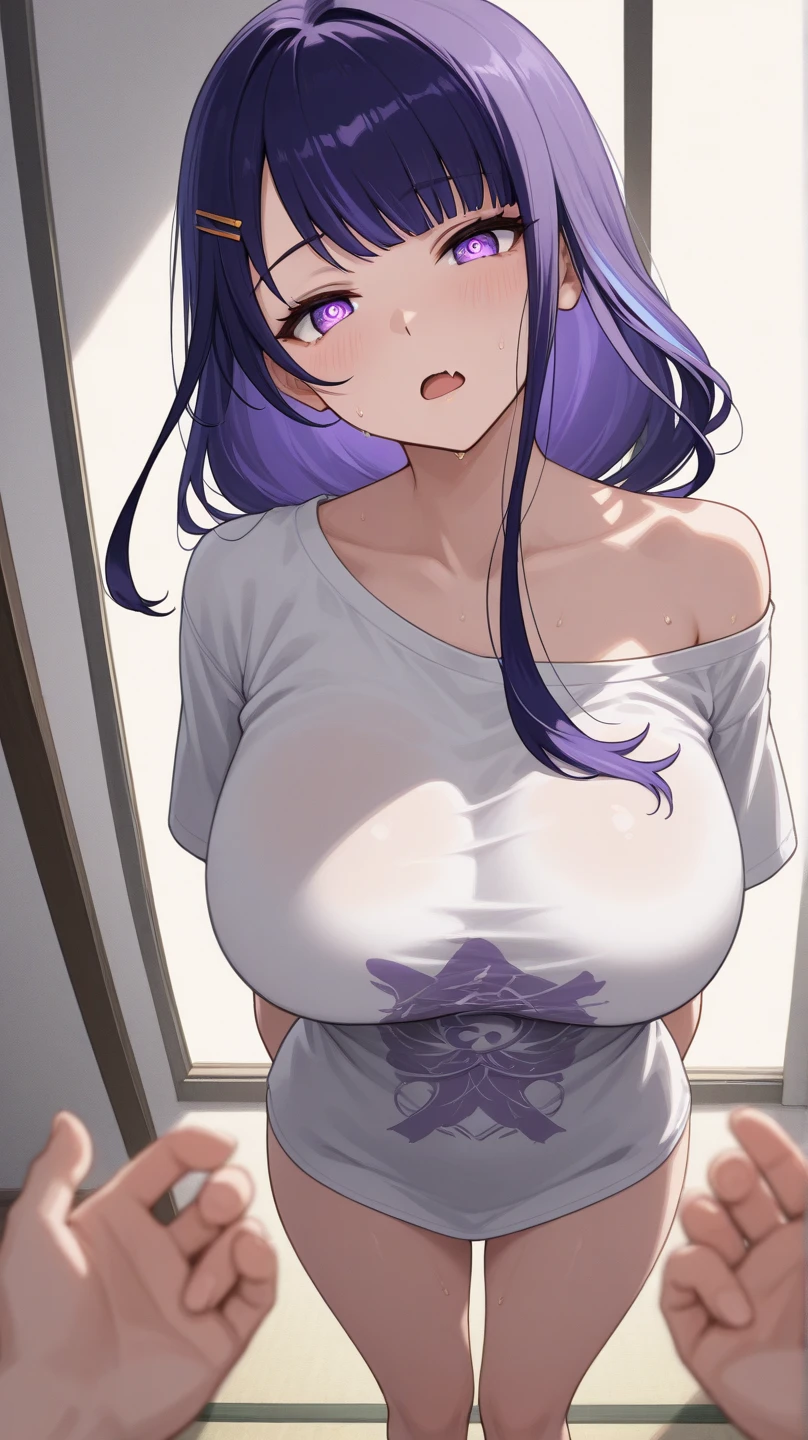 kusanagi motoko, anime《Fantasma na Concha》Curly, kusanagi, Misato Katsuragi, Inspired by Morikage Hisumi, anime, Fantasma na Concha, Ghost in the Shell style, Lie down in bed,(Highest high resolution,distinct_image)Best quality at best, woman, tmasterpiece, highly detailed, Half realistic, Transparent Oversized T-Shirt,exposing her chest, shirt pulling, The collar is around the neck, inside in room, Modern bedroom, janelas, waking up, morning, Be red in the face