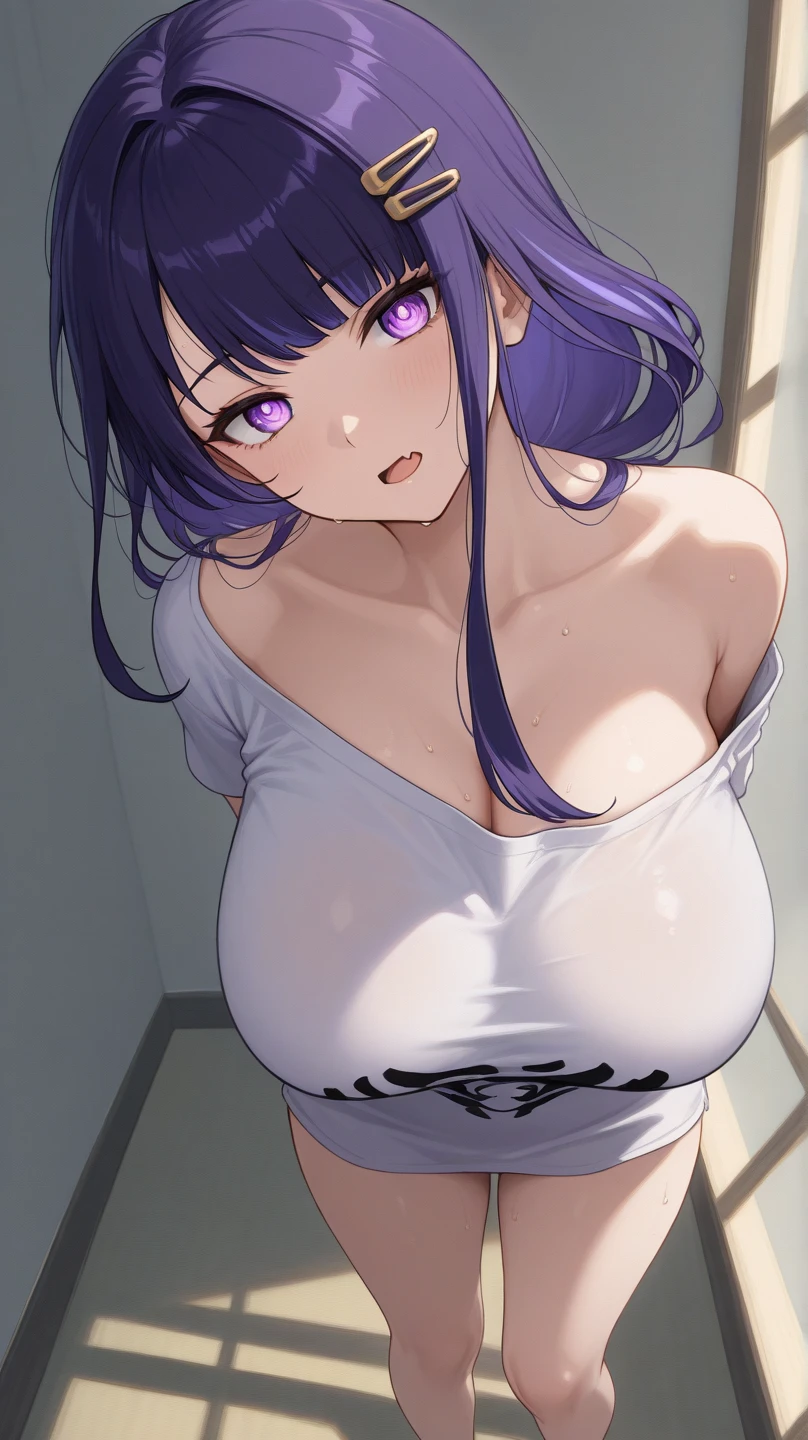 fox girl, big breasts, Voluminous purple hair, masterpiece , red eyes, hd, Head to Chest, buried in my chest、underboob、Tank top
