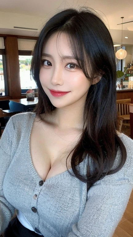 realistic:1.3, table top, highest quality, ((1 beautiful woman)), Japanese, close-up portrait, wearing a knit sweater, smile, thin abs, medium sized breasts, beautiful face, beautiful eyes, detailed face, fine eyes, at the park, in autumn, 8K resolution