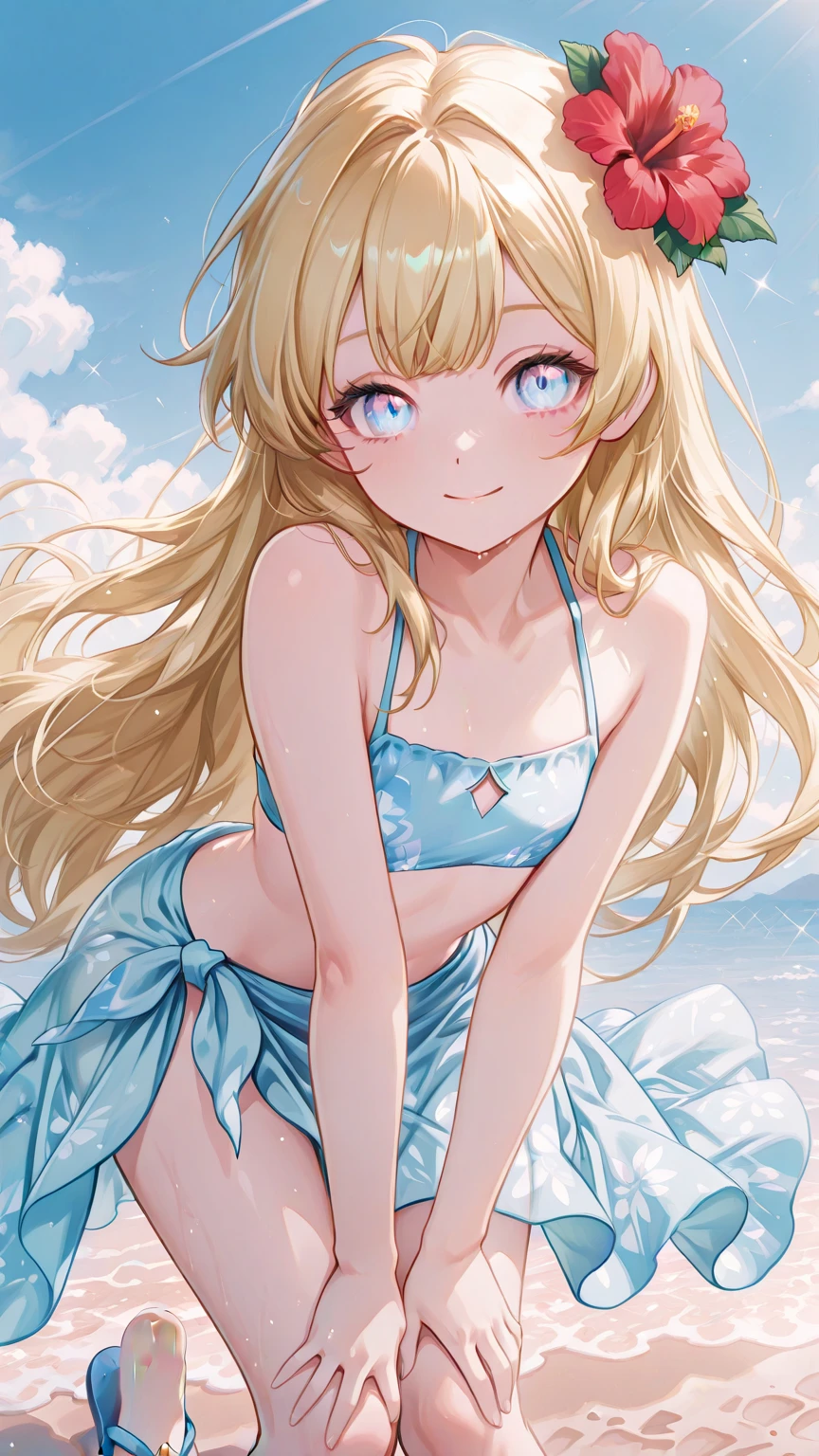 official art、High quality ultra-detailed CG art、a beautiful girl:1.2)、a blonde、lustrous Some hair、slick hair、big blue eyes,midsummer、kawaii、The sky beautiful、White competitive swimsuit、Smooth clothes、Smile、it has a 、naked、short hair、