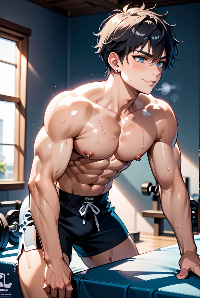 shirtless, super muscular, sweat-drenched body, 22-year old short black hair handsome caucasian male wearing white gym shorts, sweating in the gym