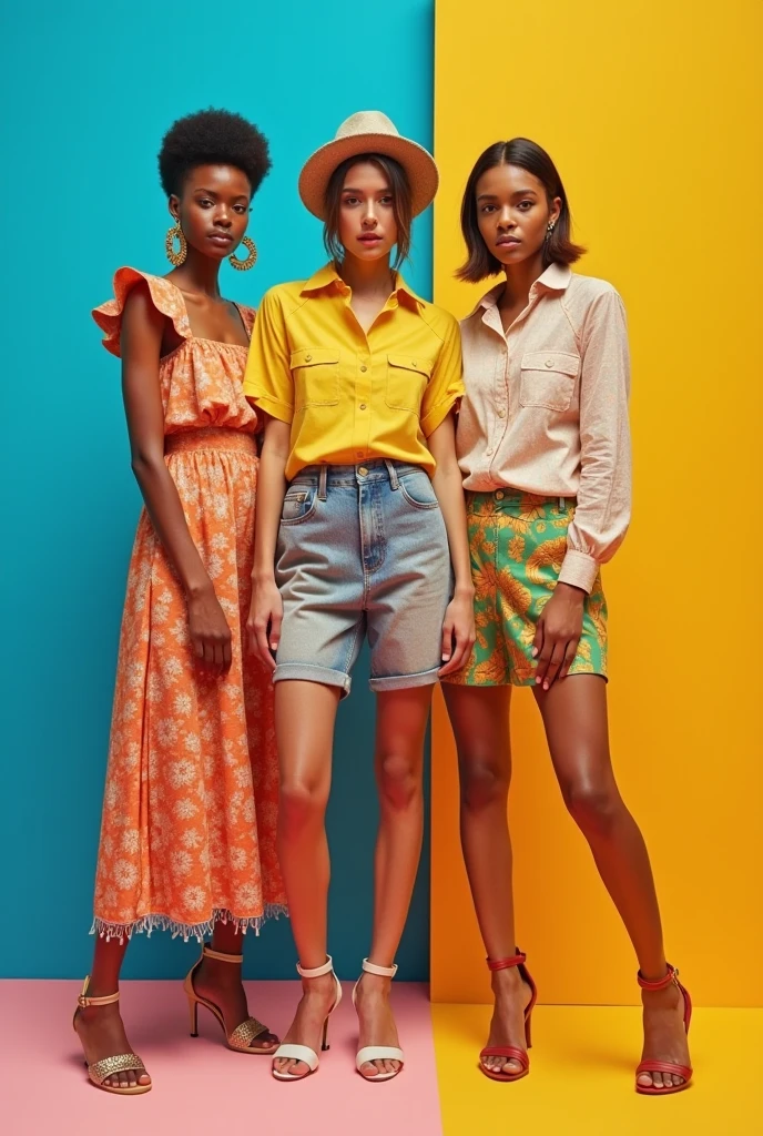 a group of female models wearing and demonstrating clothes from a summer 2025 fashion range. Diverse models. clothes are suitable for a trendy woman in her late 20s