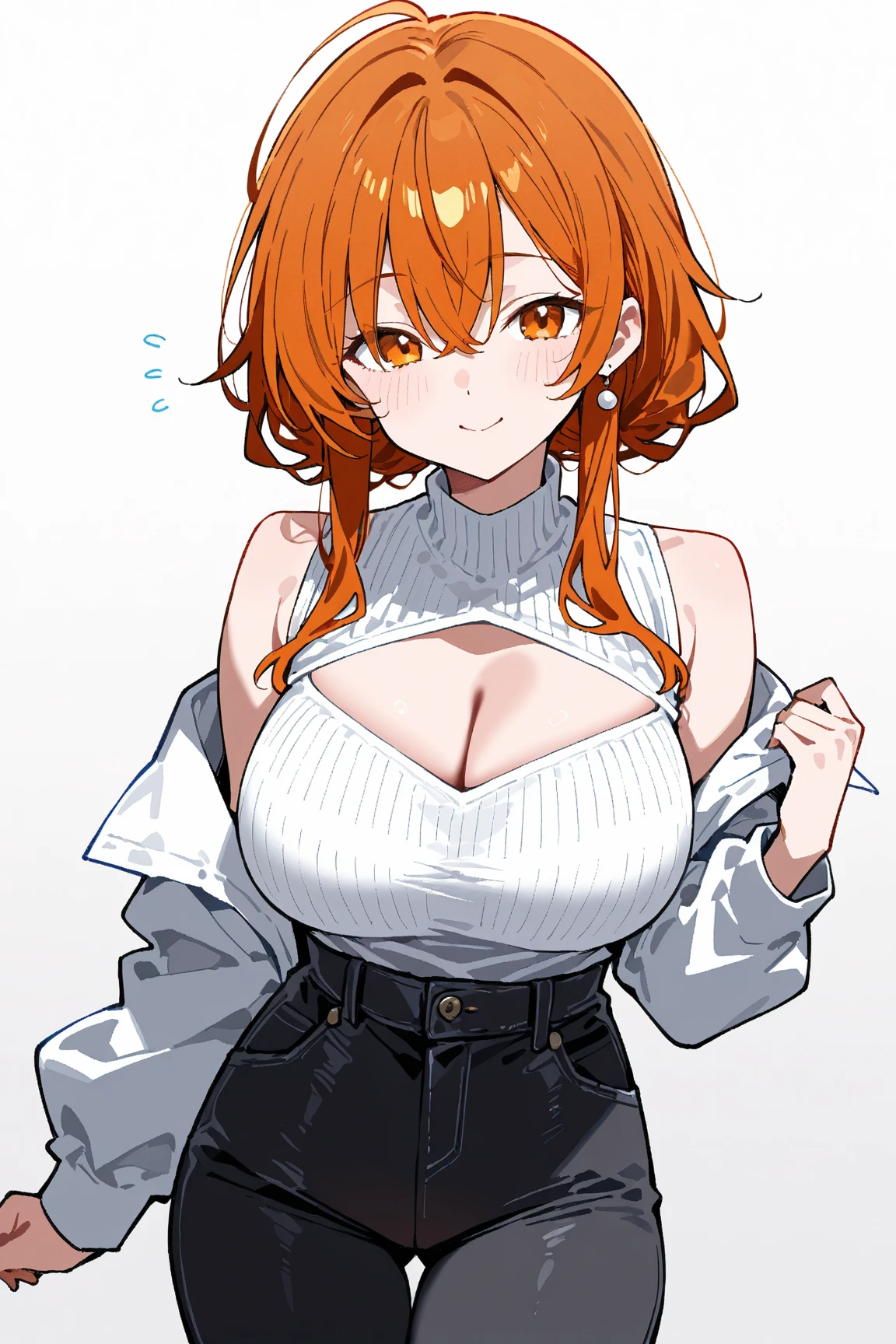 1 girl, Alone, Upper part of the body,
Orange hair, wide,
orange eyes, long eyelashes, thick eyelashes, looking at the viewer,
SMILE,
Argentine neckline shirt,
White background, simple background, ((busty1.87,)) (giant breasts:1.2),