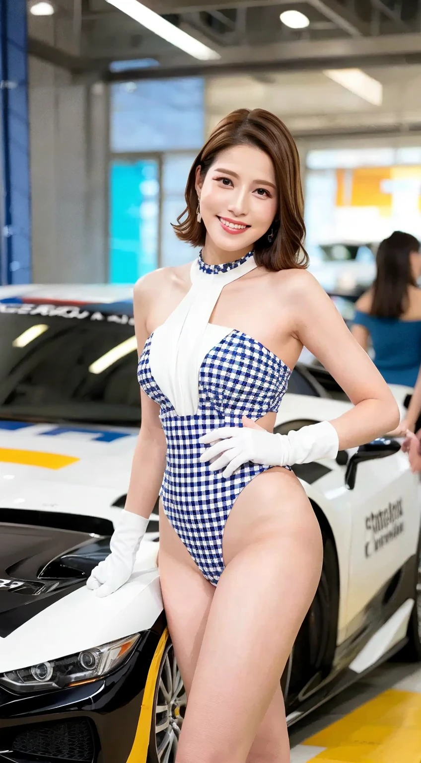 masterpiece,(best quality:1.4),(8k,raw photo,photo realistic:1.2),best quality,high quality, masterpiece,detailed,high resolution,shiny skin,detailed skin,detailed face,detailed eyes,mutated hands and fingers,lightning body,Japanese 165-170cm racequeen solo 1 women standing,front hair,front view,zoom shot,a lot of people,明るいカラー highleg Leotard high cut costume,high sox,high heel,location of a lot of people,