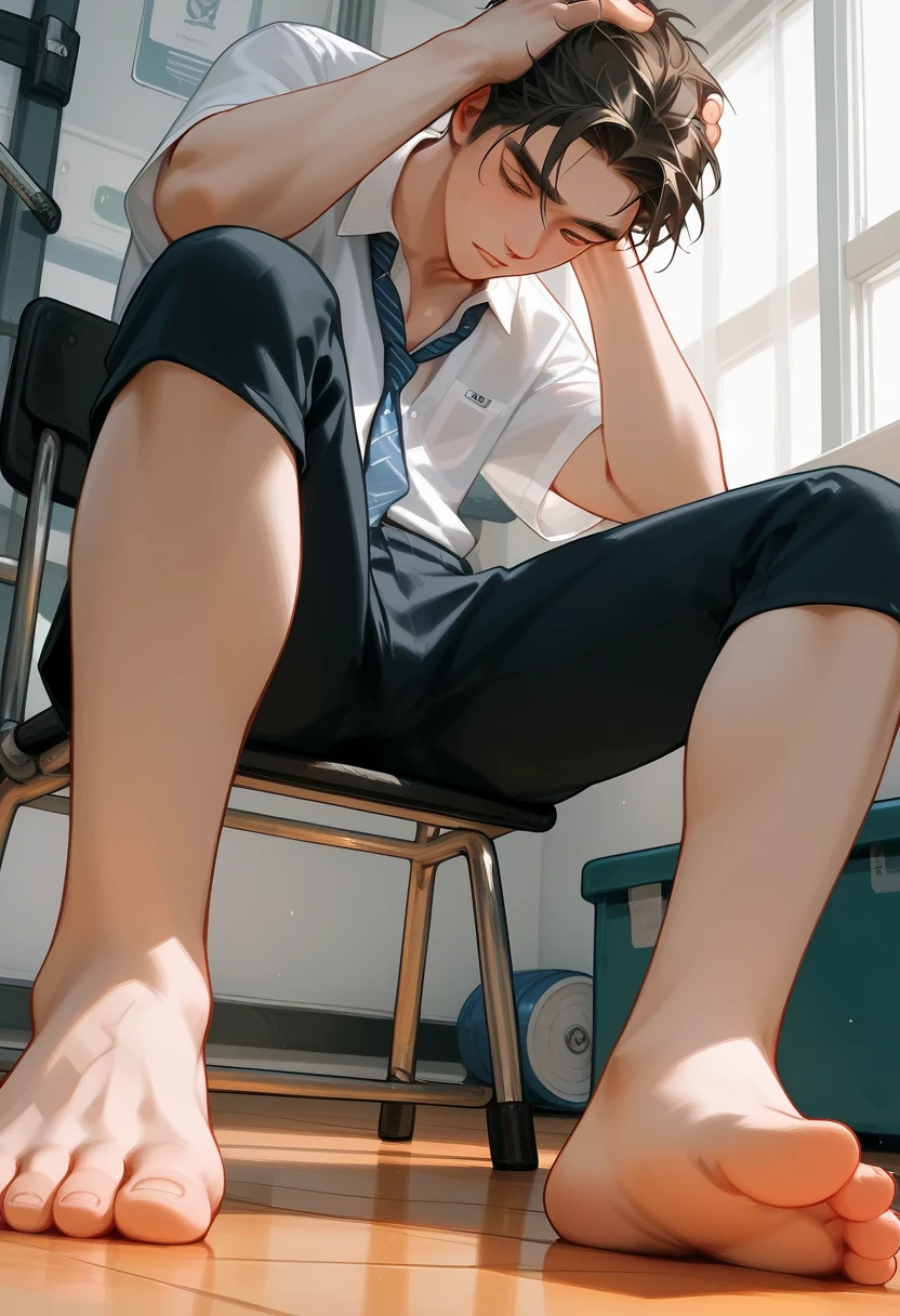 Anime boy very wet sweaty white socks under chair showing his feet soles close to the camera