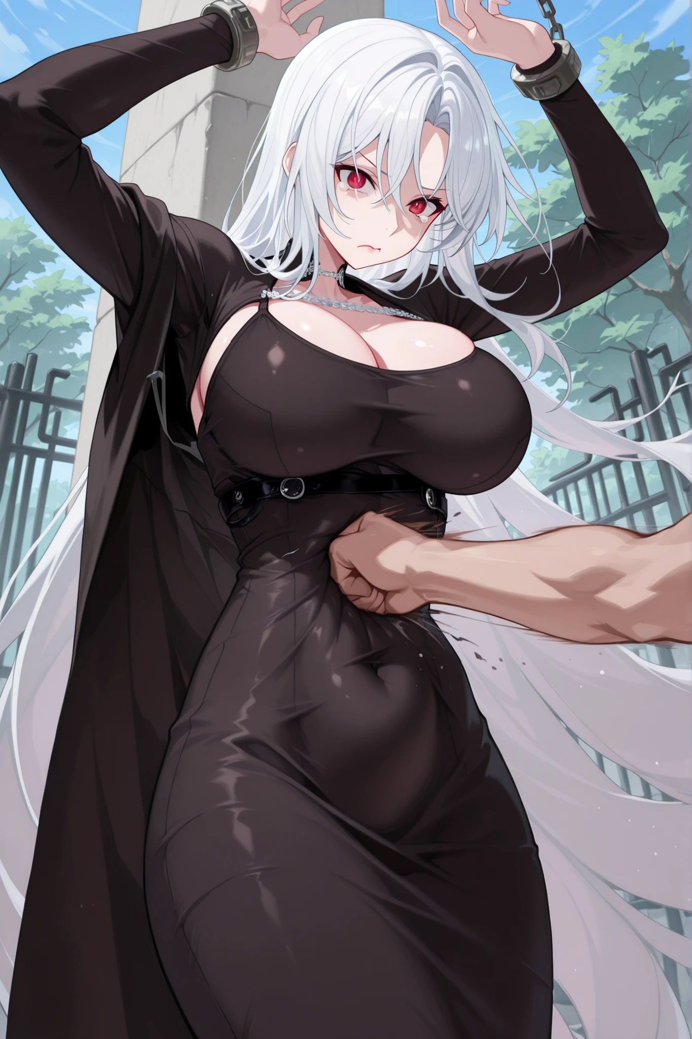masterpiece,best quality,highres,Super detailed,very detailed,highest quality,super detailed,high quality,high-definition,extremely detailed, absurdres,perfect lighting,outdoors,hanging all hands over head,hanging two hands over head,chain restrict her wrist,straight body,Straight body,Straight Body,straight belly,Straight belly,Straight Belly,sexy,sexy belly line,Sexy belly line,Sexy Belly Line,(((((bellypunching,Bellypunching,Belly punching,Belly Punching,belly punching:1.2))))),
*//*,pectre_neo,1girl,solo,white hair,long hair,very long hair,red eyes,large breasts,cleavage,score_9,score_8_up,score_7_up,score_6_up,dongtan dress,Dongtan dress,Dongtan Dress,black dongtan dress,Black dongtan dress,Black Dongtan Dress,taut clothes,impossible clothes,no sunglasses,lipstick,off shoulder,
*//*,looking at viewer,small tears