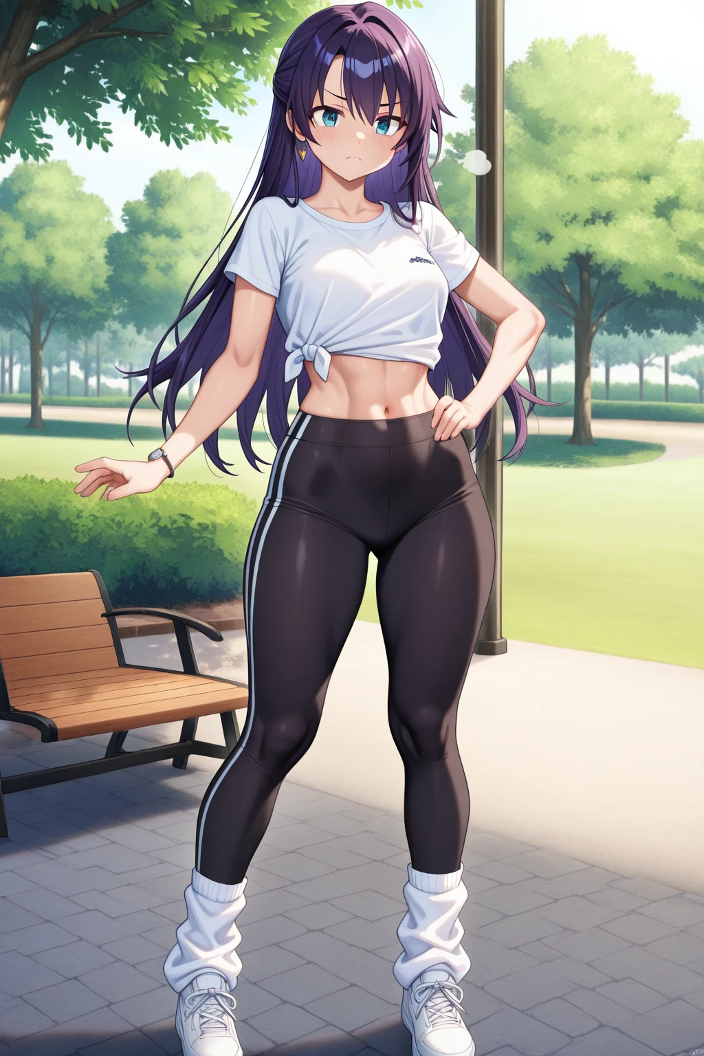 2d, masterpiece, ((kneeling)), playground background, best quality, full body, full pose, anime, highly detailed, cowboy shot, 1girl, solo, yuri, purple hair, purple eyes, long hair, hair between eyes, hairclip, medium breasts, underboob, (sky from below), ((black tank)), ((short jeans)), thights, handlack converse shoes)), slim body, slim legs, bare legs, ((smile face)), blushing, red face, wet skin, ((black pantyhose))