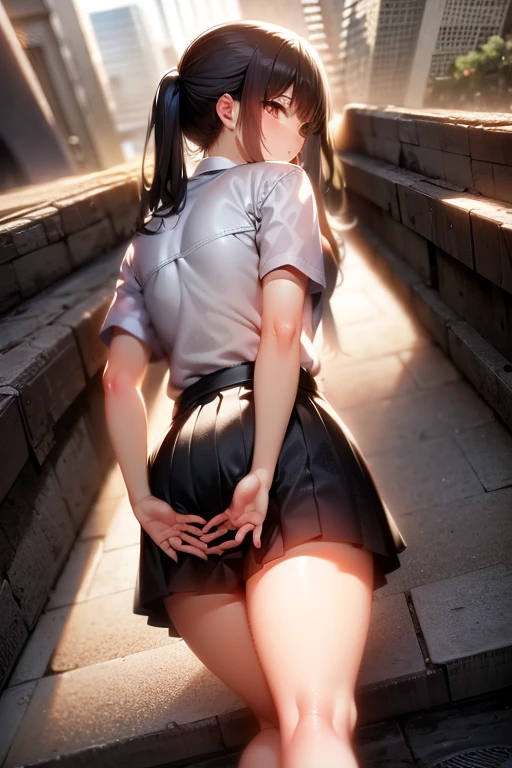 Night Park、high school girl、I'm surprised with my mouth open、Flustered expression、、Large Breasts、Black bob hair、hairpin、Skirt flipped up by the wind、I hastily hold down the back of my skirt、Thin string panties、Onlookers near the girl、Angle from directly below、Shooting from behind、Back view、Penis near the asan Next Door