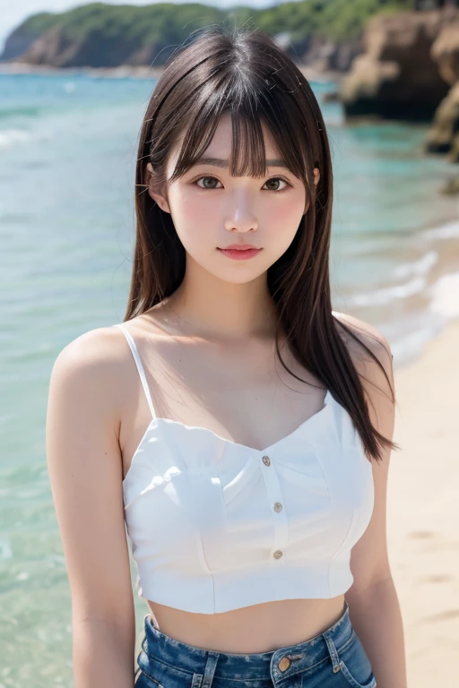 Realistic high-quality photos、Highest quality、From above、A little chubby。Looking into the camera、smile。Take a photo book。Shooting at dusk。Beach。super high quality、８hair。Portraiture。Background Blur、Black Hair。The hair length is medium、One Lane、Red lipstick、One Girl, alone, Japanese Girls、Healthy Body、Because it&#39;s good、Big Breasts、Black Lingerie、From above
