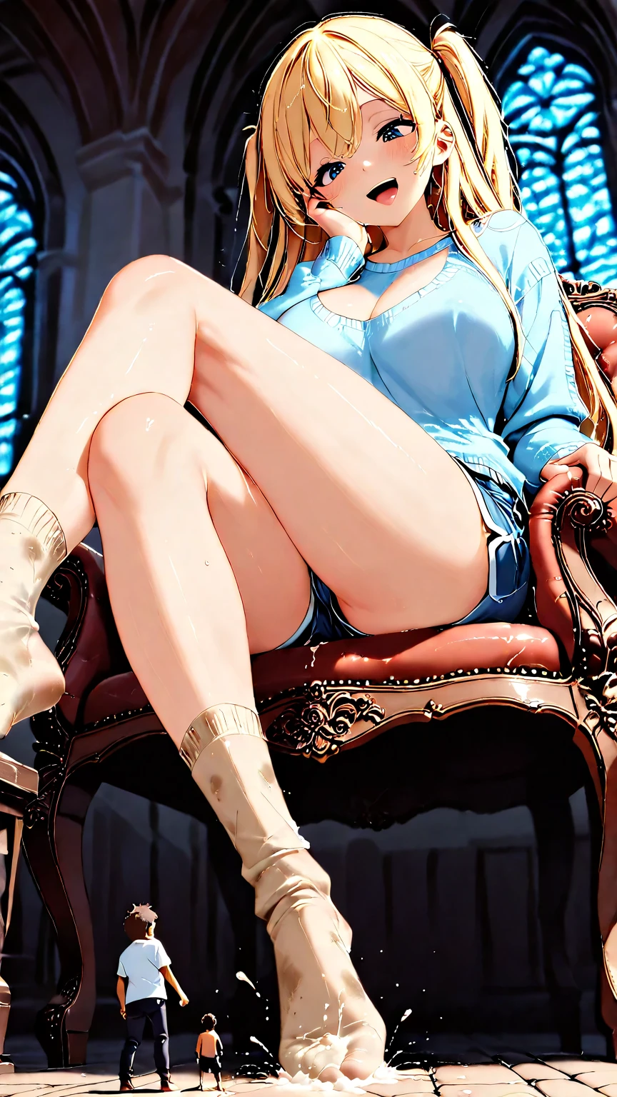 masterpiece, best quality, monica, looking at viewer, evening gown, blue gown, crossed legs, from below,  <lora:monica_3.0_xl:0.8>