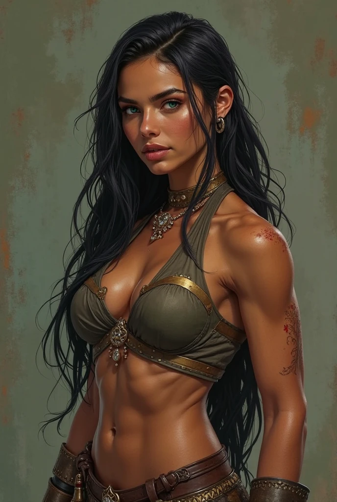 Highly detailed CG unit 8k wallpaper, masterpiece, High resolution, highest quality, highest quality real texture skin, Super Real, Digital Painting, Best image quality, 最High resolution, 8k, ((Highly detailed eyes and face)), 1girl, Beautiful eyes every detail, Full Body Shot, (profile, from side), (((Saggy breasts, Gravity-dependent breasts, long chest, Heavy chest, ))), ((disproportionate breasts, huge breasts, sagging breasts, gigantic breasts, erect nipple,)), Tube top, Loincloth, Chinese style embroidery, Barbarian, Bandit, Villain, evil smile, barbarian, Hands on hips,