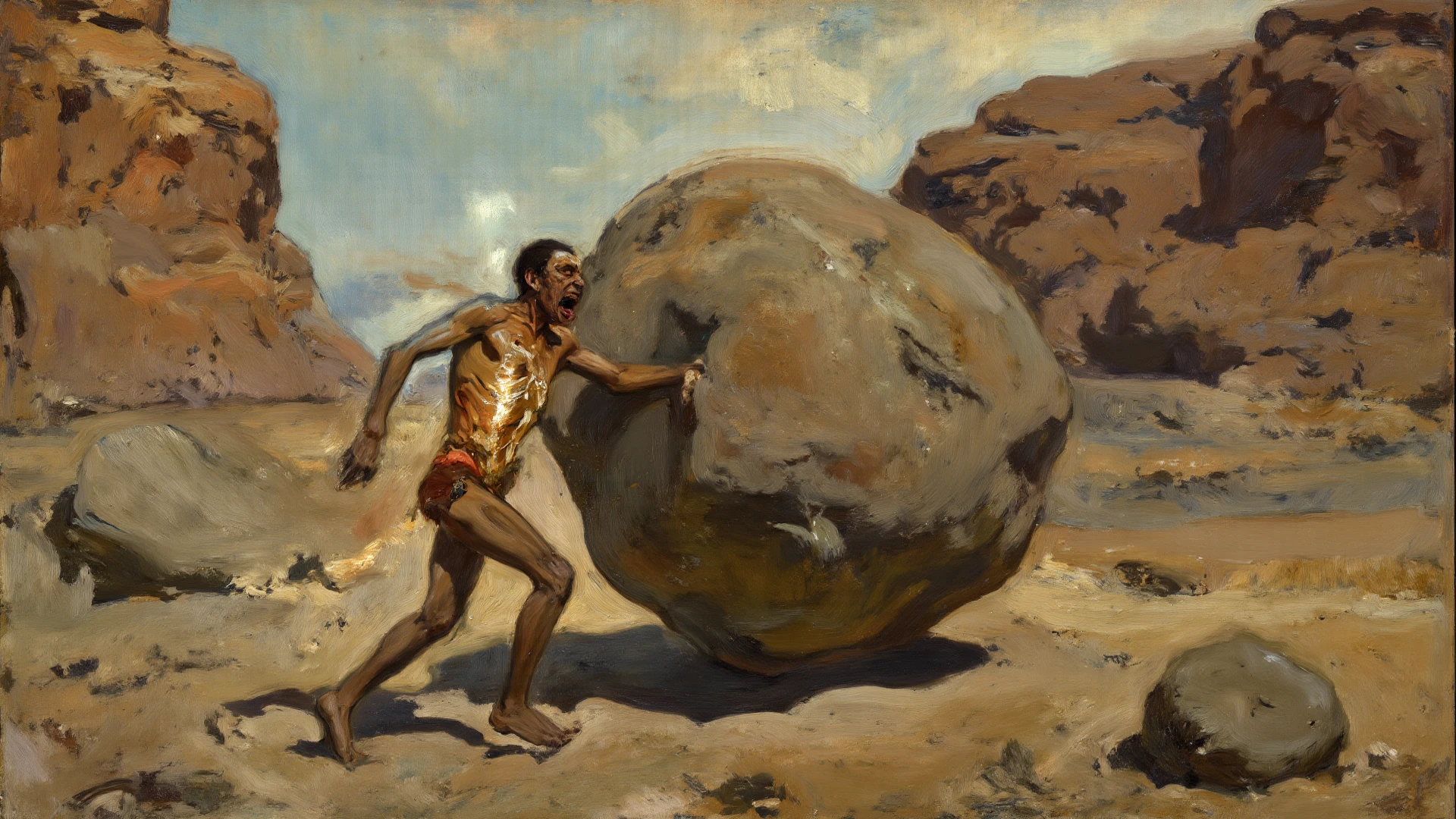 arafed man pushing a large rock up a hill, sisyphus compostition, conquering imbalance, man carving himself out of stone, rock climber, rock climbing, strongman, the stone is rolling up, climber, strong man, absolutely outstanding image, 2 0 2 2 photo, boulders, enclosed in rock, everything is in balance, very inspirational