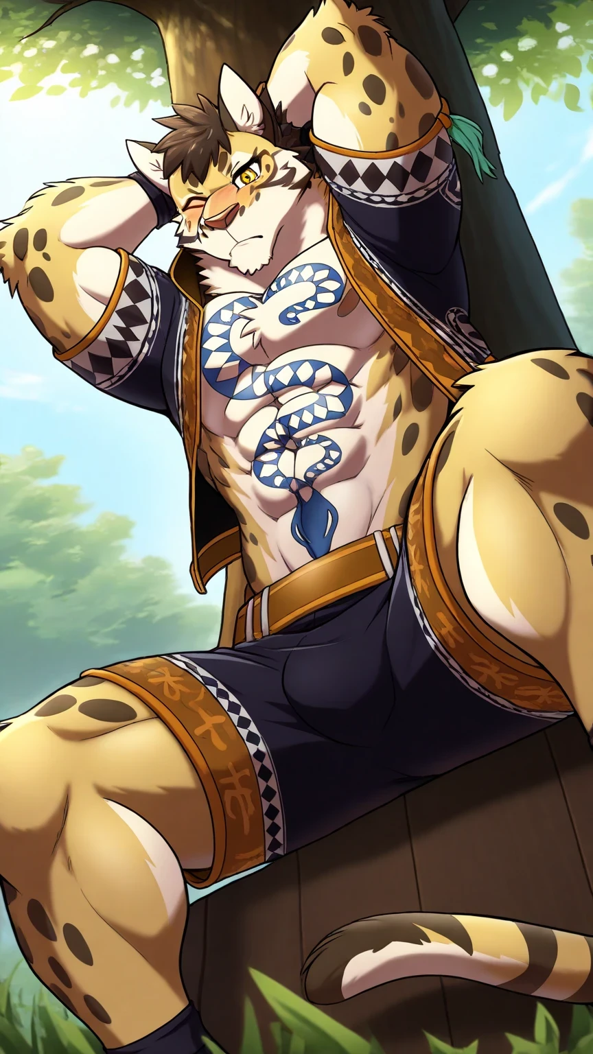 likulau, solo, furry, clouded leopard, tail, tattoo, perfect eyes, yellow eyes, one eye closed, blush, muscular, toned male, large pectorals, dynamic angle, from below, open jacket, fingerless gloves, black shorts, hands behind head, unparalleled masterpiece, amazing quality, best quality, high detail, extremely-detailed, highres, beautiful, very aesthetic, depth of field, detailed background, outdoors, under tree, sitting, wind, detailed fur, detailed muscles, cinematic lighting, facing viewer
