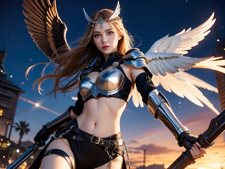 Professional , masterpiece、top-quality、photos realistic , depth of fields 、(Fight fiercely with dragons)、A smile、(White bikini armor)、(Particles of light)、(Glamorous body)、Colossal tits、Jewel Gold Weapon、Particles of light),Gorgeous gold weapons ,(( Gorgeous Dragon Sword)) , (White angel wings grow),(maikurobikini) 、((White hair))、(Castle background)、((Gangle's forest background))、Beautiful Caucasian beauty、1a person、dynamic ungle,(((A small ring of light floating overhead)))、Smaller head、Idle Smile、Thin and beautiful female hands、Mystical expression、Light Effects、intense fighting、Wind-effect、magic circles、(White angel wings grow)、