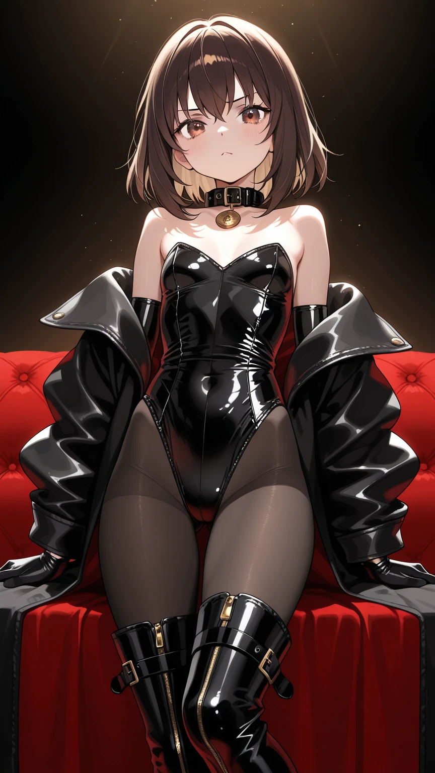 absurdres, RAW photo, extremely delicate and beautiful, masterpiece, Best Quality, ultra high resolution, 32k, hyperrealistic, ultra-detailed, perfect ???????, super Detailed skin, perfect figure, Super Beauty, Perfect Style, Perfect balance, in her 20s, very Slim body, narrow waist, very small head, very small face, delicate facial features, tearful mole, earring, very huge round breasts, bare legs, medium hair, whole body shot, business suit, Jacket, blouse, short skirt, holding two katanas, ((Organic-Mechanical Temple)), indoor,