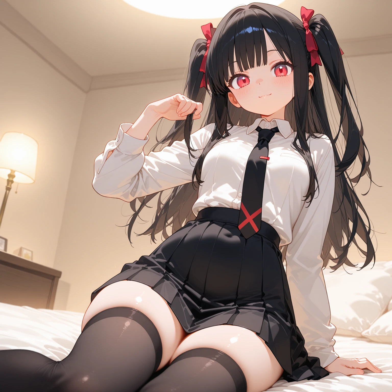 absurdres, absolutely resolution, incredibly absurdres, highres, ultra detailed, official art, unity 8k wallpaper,
BREAK
1 girl, soro, twintails, bow, cardigan vest, short sleeve shirt, plaid skirt, over black legwear, loafers, smile, Sexual girl, seducing men, colourful, bewitching eyes,