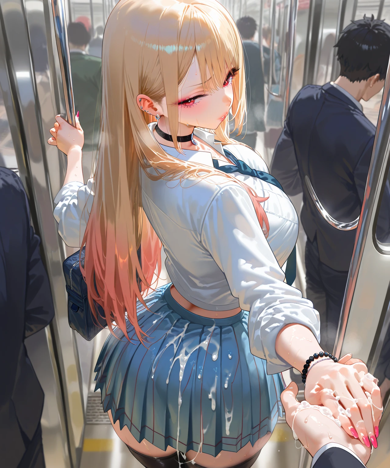 masterpiece, best quality, 1 girl, detailed beautiful face, (embarrassed), nsfw, short hair, twintail, French braid, blonde hair, 10 years old, off shoulder t-shirt, ((blush)), (sweat), girl grabbed by the buttocks on the train, (molesting), Man grabbing girl's ass on train, ass grab, chikan