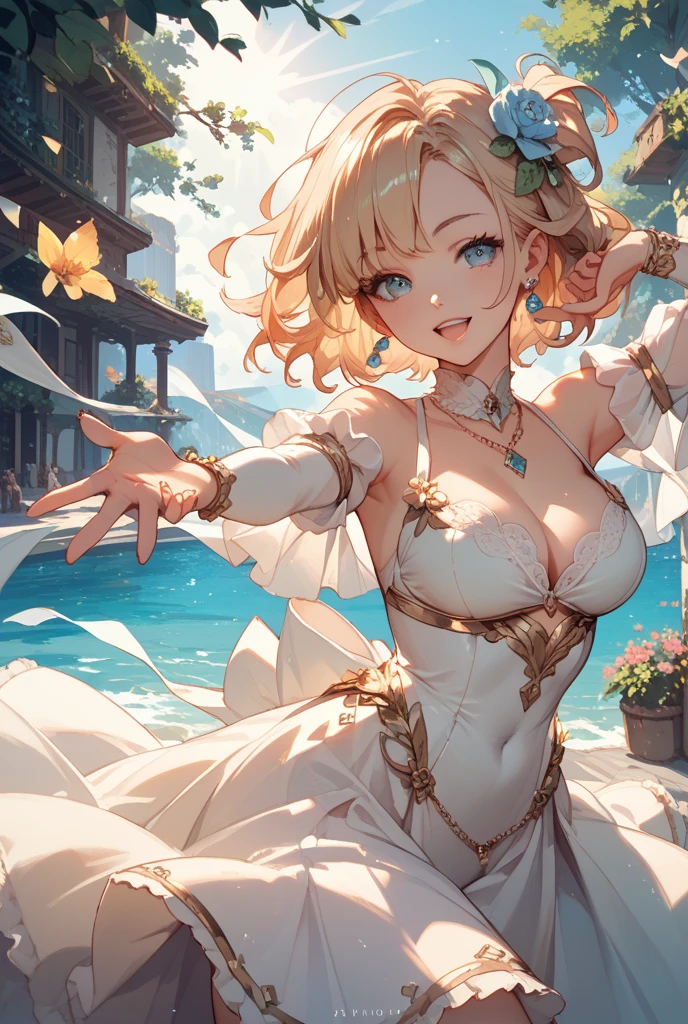 ((Top Quality)), ((Excellent)), (Details), ,((Pārvatī)) , ((Pārvatī is a Hindu goddess)),((The consort of Lord Shiva)) ,((Paradise)), Gold Robes ,((Many lotus flowersn)), ((nice hands)), ((perfect hands)) , Goddess, upper body,Sunrise, Ultra-Realistic, Stunning Environment, Bright Colors,Blue Eyes ,((topless)) , ((Halo)) ,((Lots of bubbles)),((Gold Background)) ,