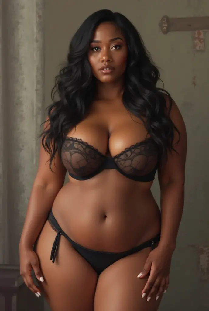 Masterpiece, perfect photograph, Imagine African sexy babe, black babe, busty black, sexy African model, sexy model, waring bra and panty, tight stockings, Huge boobs, cleavage, huge breast, big boobs ,very chubby, black model, hot black girl, chubby figure, (chubby hands and thighs), massive figure, huge ass