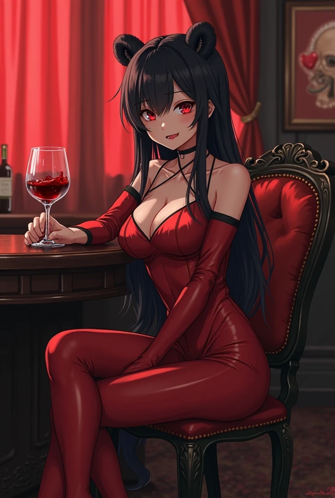 ((best quality)), ((masterpiece)), (detailed), perfect face, curvy woman, long black hair, red eyes, long crimson red dress with a leg slit, thick thighs and , sitting at table, holding wine in a glass cup, soft smile, sitting on chair, food on table, chandelier, dark skin woman, crimson red heels, crimson red silk gloves